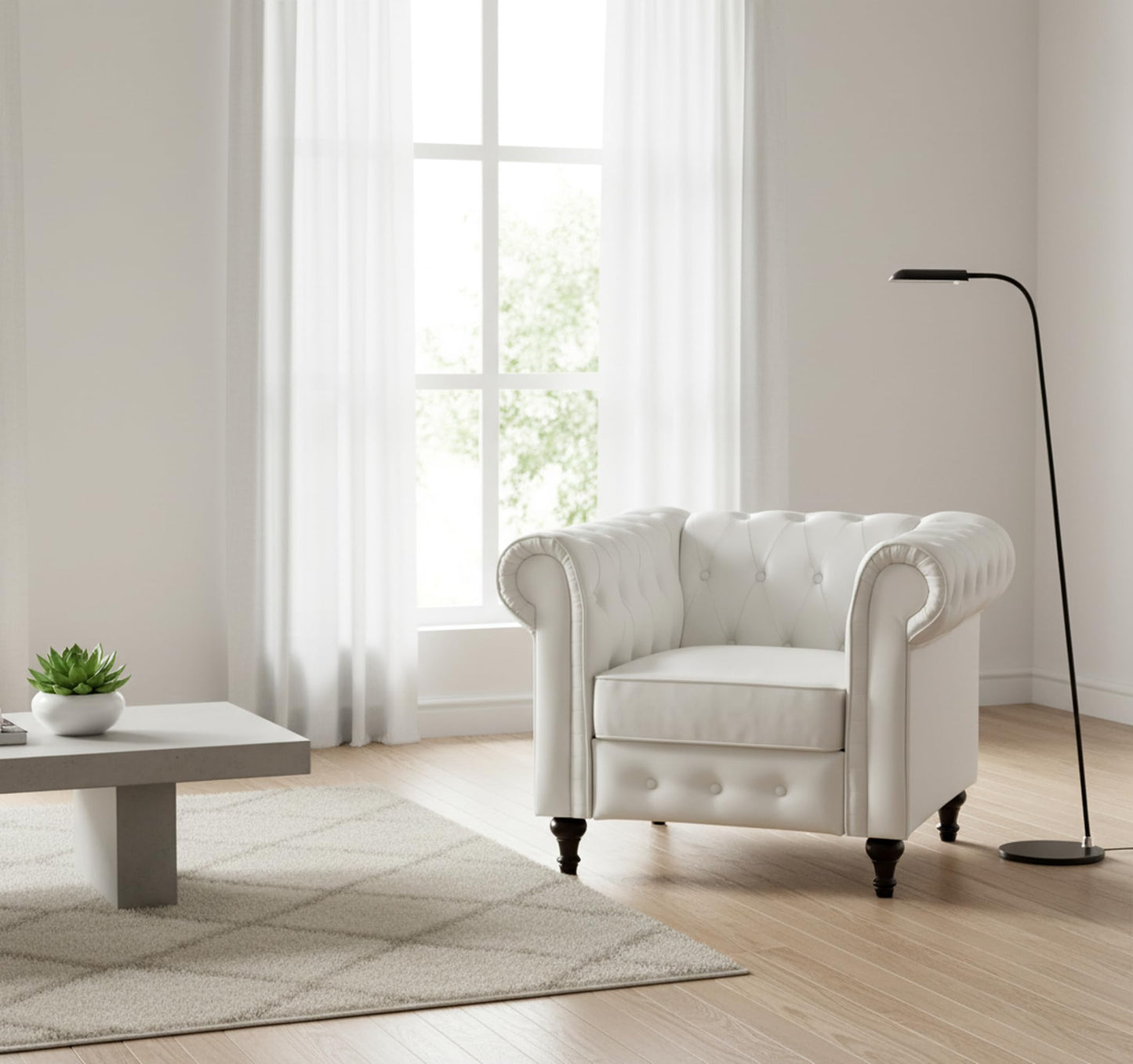 Container Furniture Velora Faux Leather Chesterfield Sofa for Living Room, Apartment or Office, Mid Century Modern Arm Chair for Small Spaces, 40" W, White