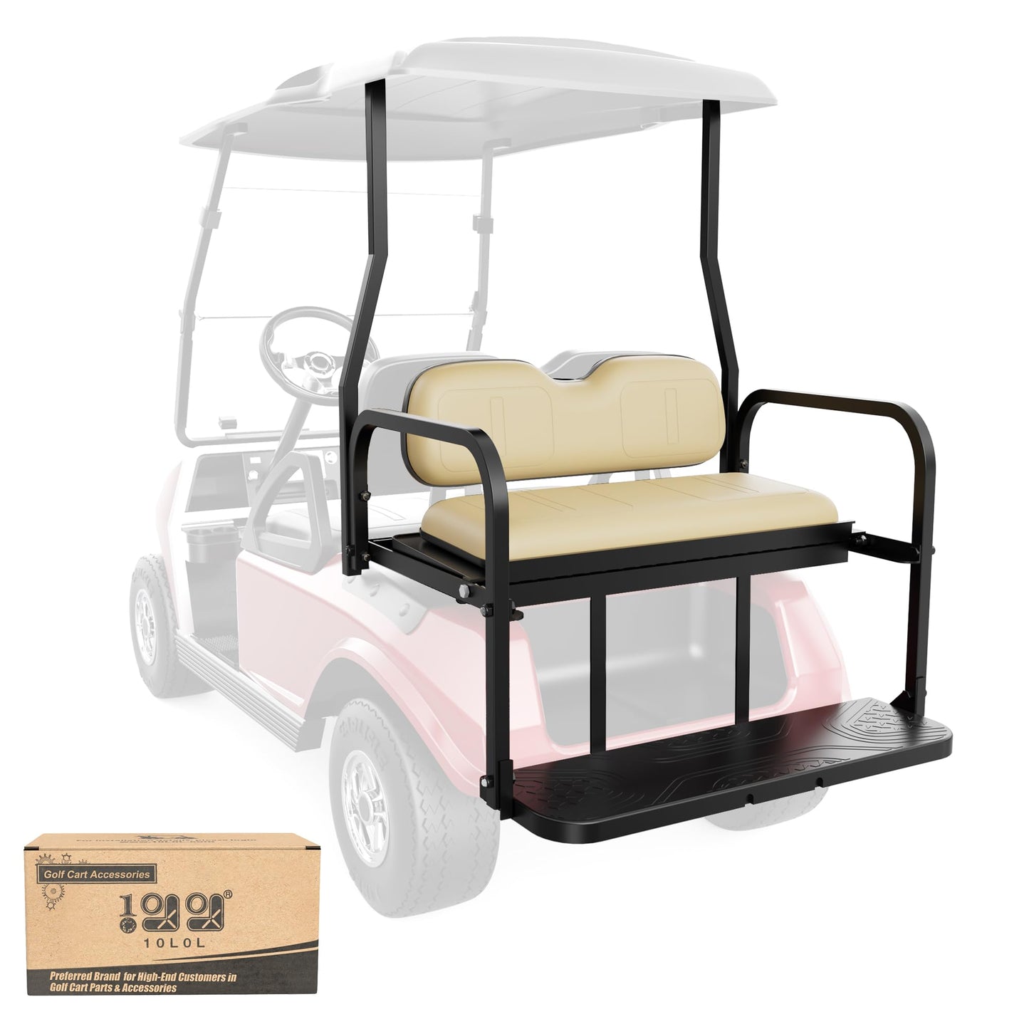 10L0L Golf Cart Rear Flip Seat for Club Car DS, Heavy-Duty Alloy Steel & PE Construction, No-Drill Installation, Non-Slip Pedals & Padded Backrest
