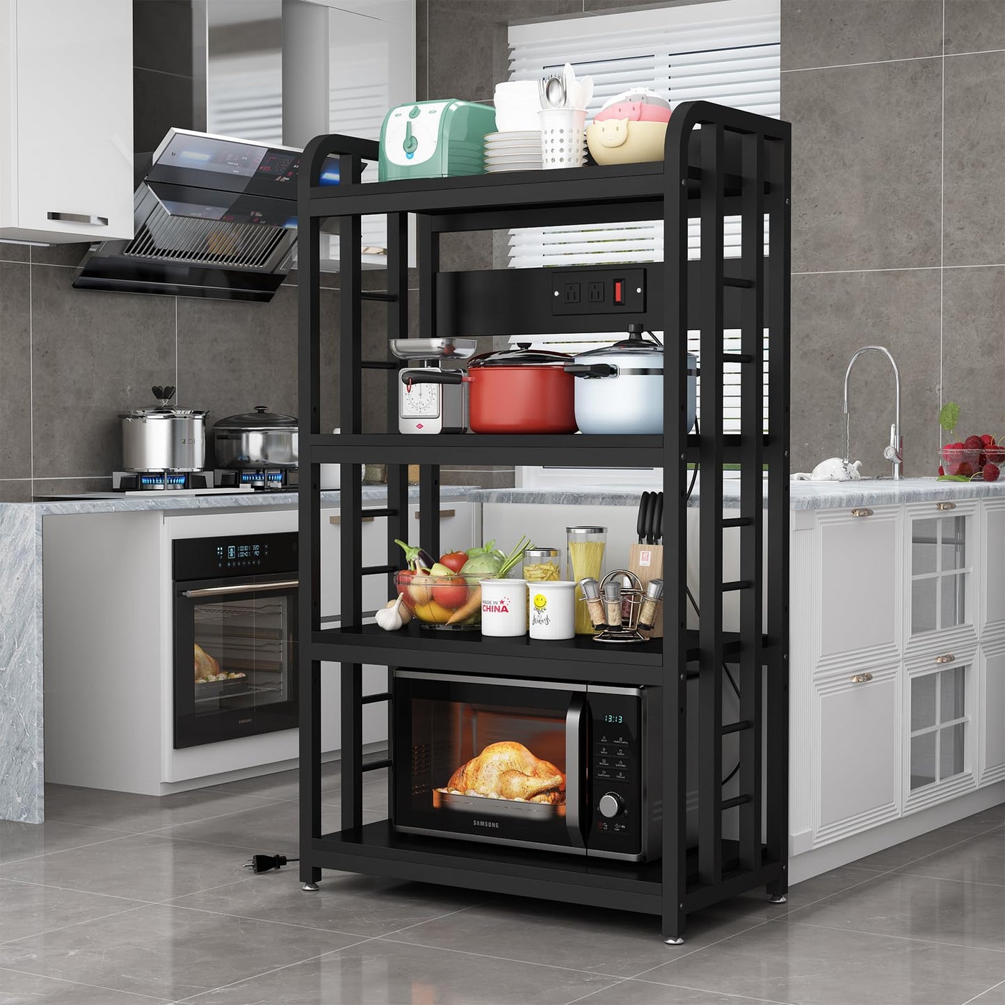 Bakers Rack with Power Outlet ，Microwave Stand 4-Tier Kitchen Baker's Rack, Free Standing Baker's Rack Kitchen Stands with Storage Suitable for Kitchen, Living Room, Dinning Room，Coffee Bar (Black)