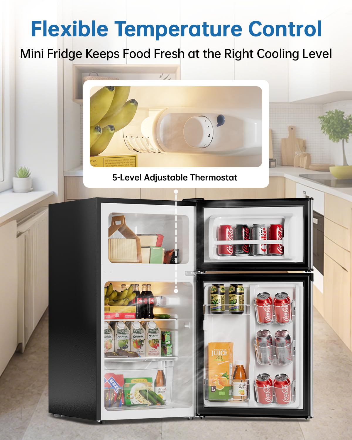 Frostorm 3.2 Cu Ft Mini Fridge with Freezer - Energy Efficient, Double Door Upright Freezer for Bedroom, Office & Dorm | Small Fridge, Glass Shelves,Interior Light,ETL Certified,etc(Silver)