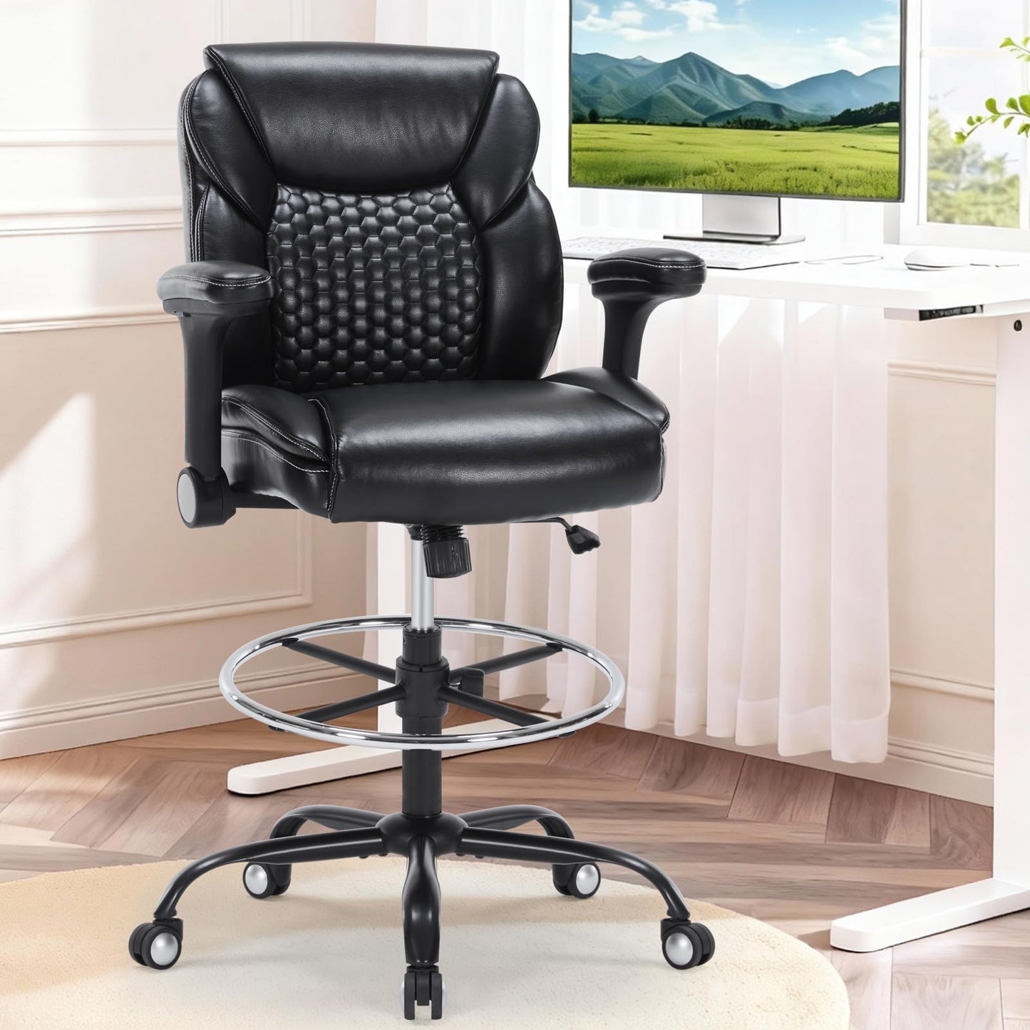 Drafting Chair, Tall Office Chair with Adjustable Armrests Mid-Back Standing Desk Chair with Footrest Ring, PU Leather High Executive Desk Chair Counter Height Office Chair for Home and Office, Black