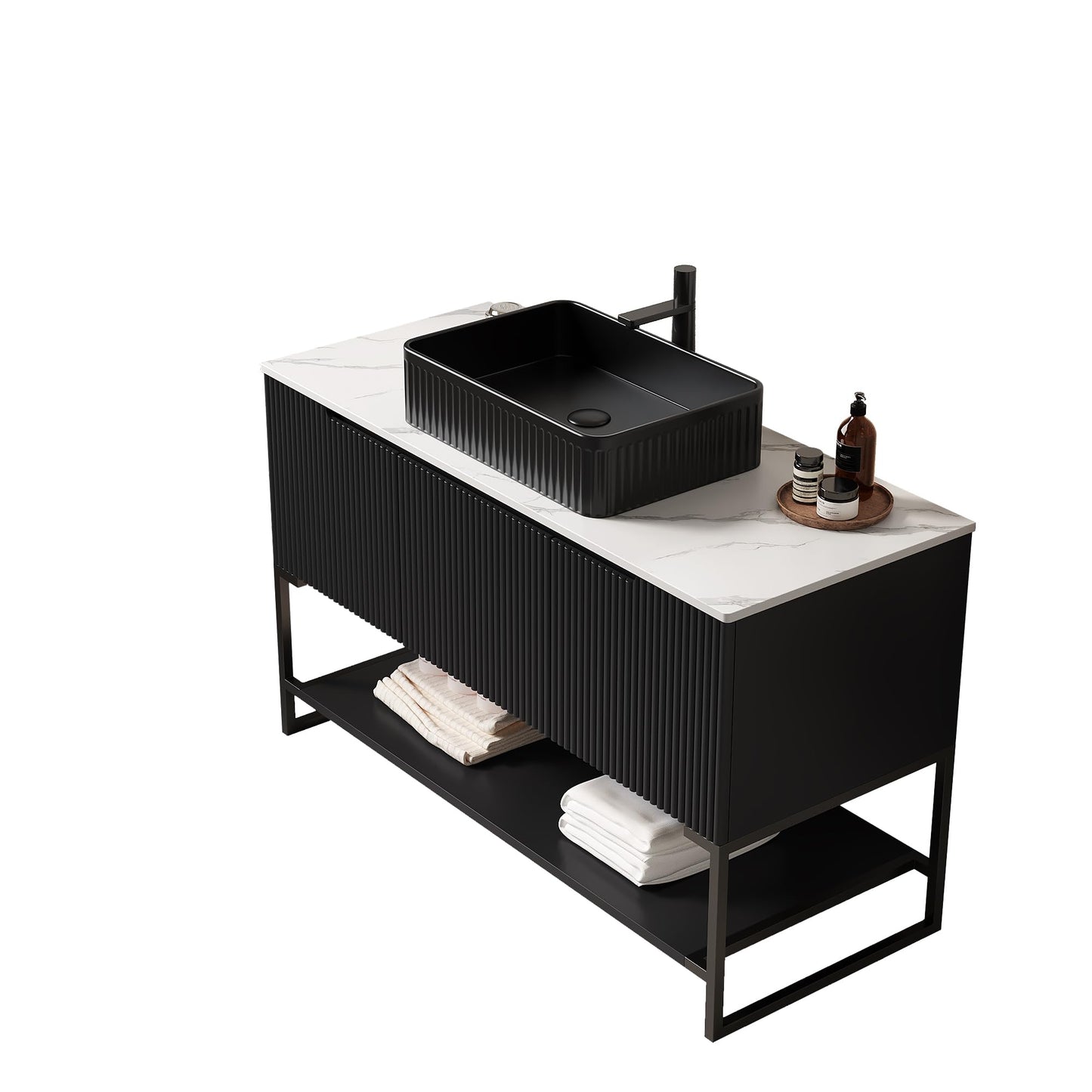KEIKI 48 Inch Freestanding Bathroom Vanity with Sink, Modern Storage Cabinet with 3 Soft Close Doors and Open Shelf, Waterproof Wood Panels, Sintered Stone Top & Ceramic Basin Combo Set, Black & Black