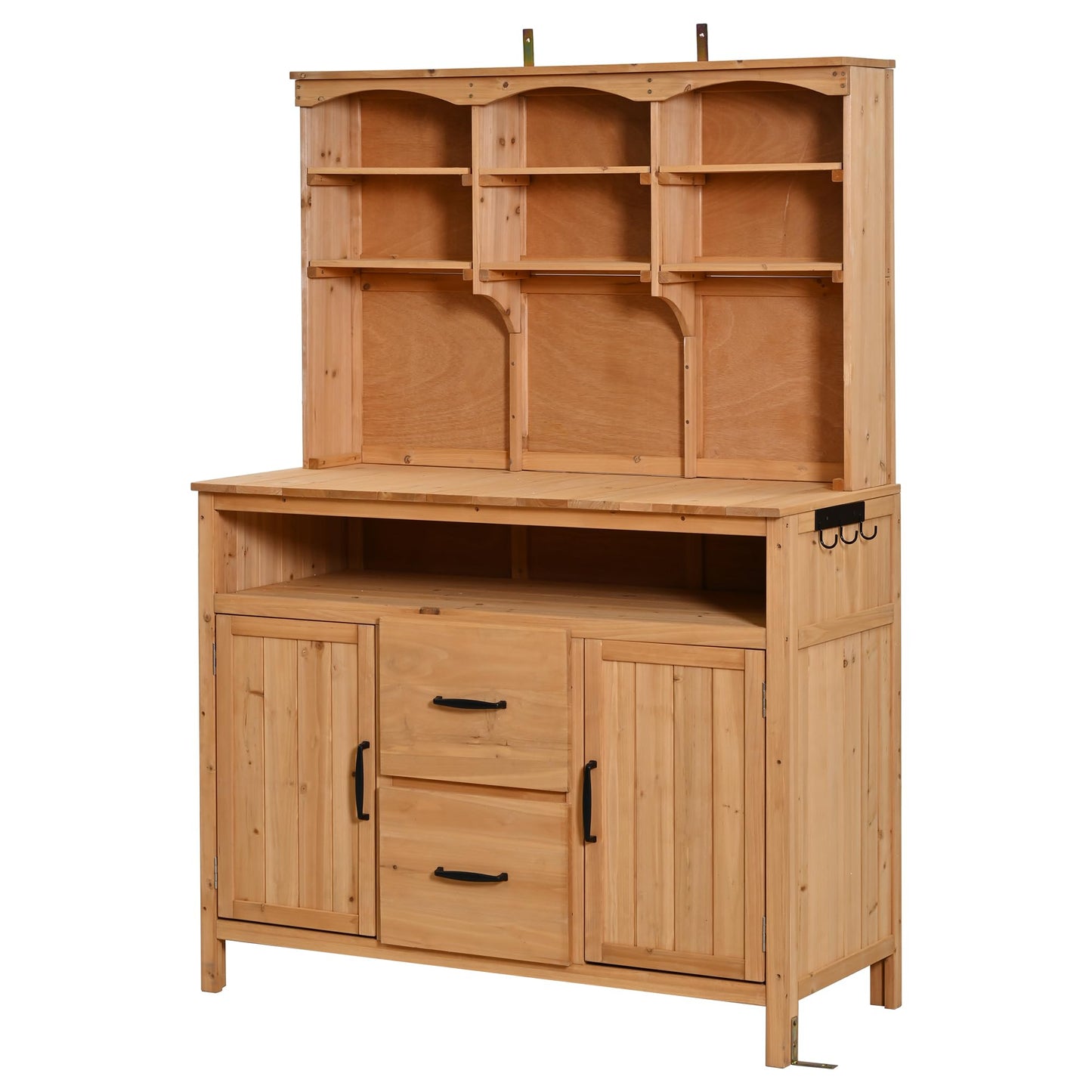 GDFStudio Junley Outdoor Storage Bench Table with Cabinet, Patio Wooden Potting Bench Plant Bench, Large Garden Storage Work Bench with Drawers, Cabinets, Hooks and Countertop, Kitchen Island, Natural