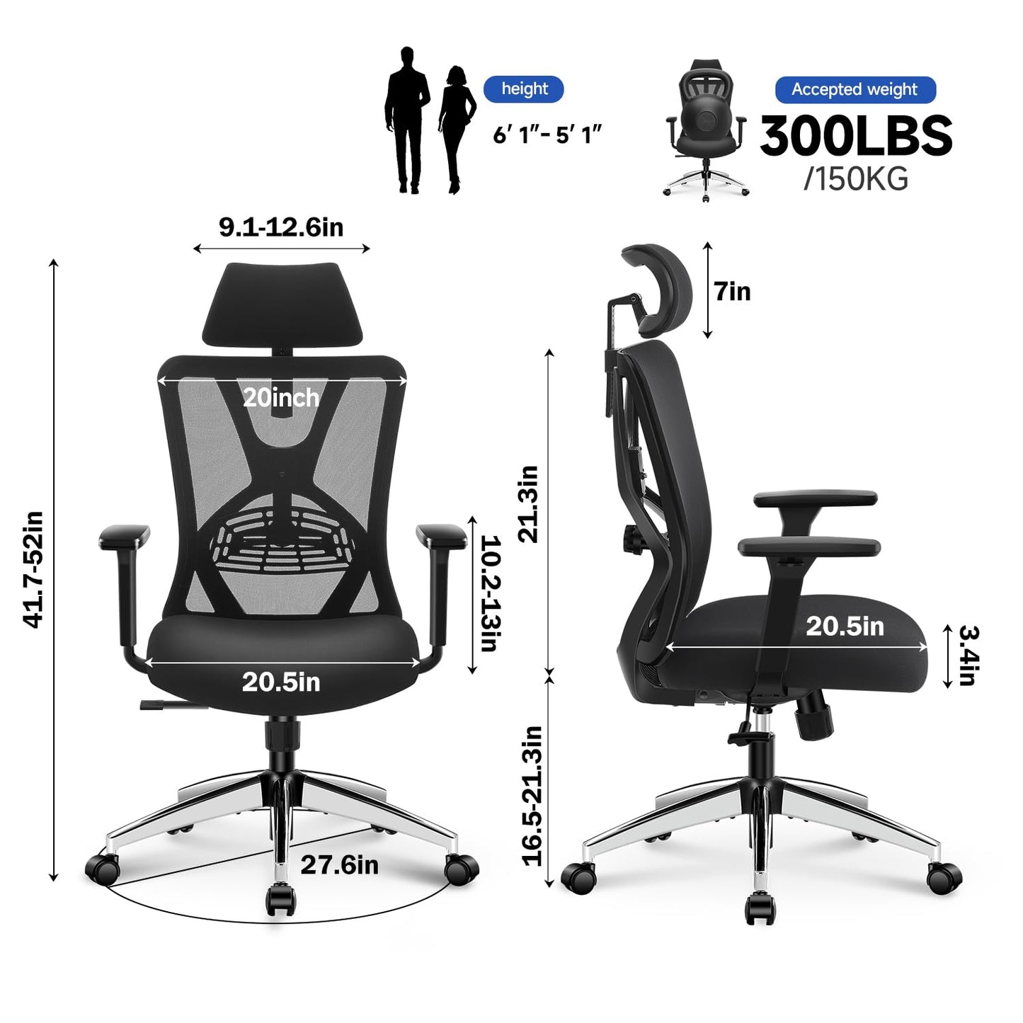 Ticova Ergonomic Office Chair - High Back Desk Chair with Adjustable Lumbar Support, Headrest & 3D Armrest - 130°Rocking Mesh Computer Chair