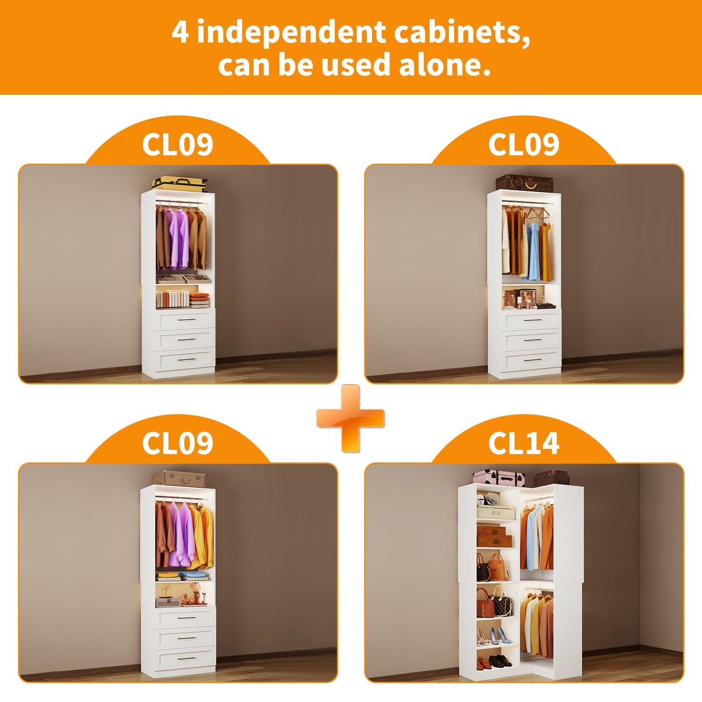 Closet System with 9 Drawers, Corner Closet Organizer Systems with 9 Shelves & 9 Hanging Rods L-Shaped Walk in Closet Freestanding Corner Tower Modular Storage System 4 Sets 2800+ Lbs Capacity White