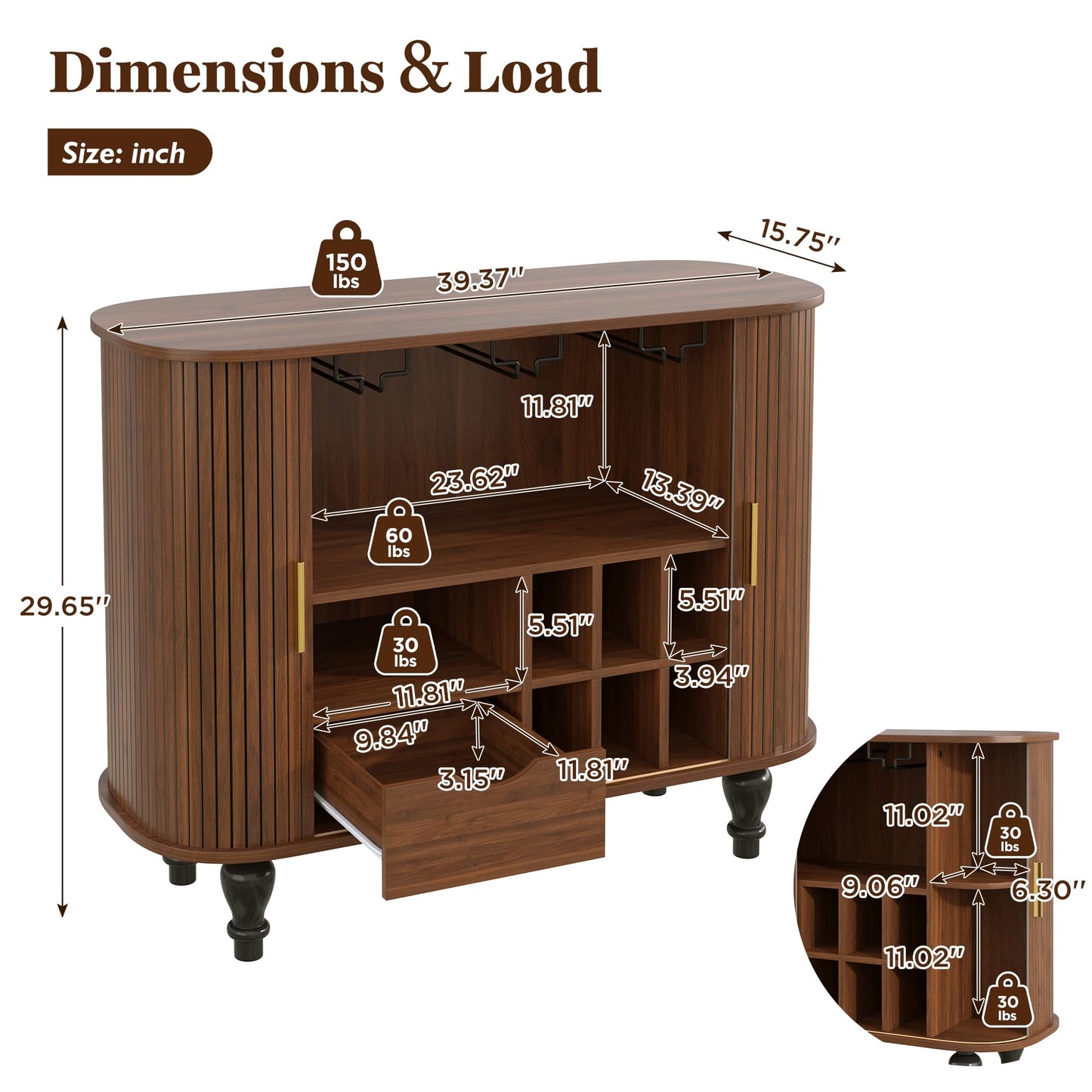 Merax Coffee & Liquor Bar Cabinet 39" with Wine Racks Glass Holders Large Drawer Hidden Side Storage Mid-Century Modern Farmhouse Sideboard, Walnut