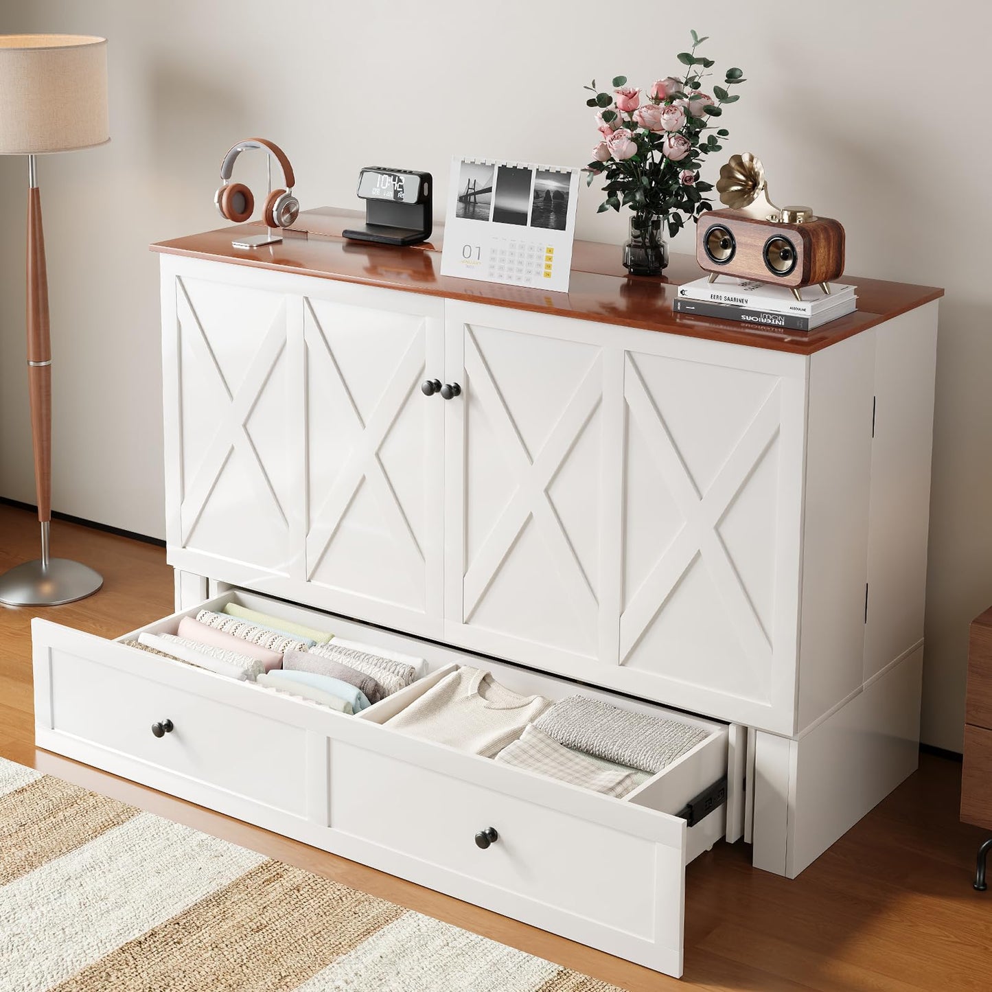 Mjkone Queen Size Murphy Bed, Storage Drawers, Hidden Folding Cabinet Bed with USB Charging Station, Space Saving Wall Chest Beds for Bedroom Living Room, White（No Mattress）