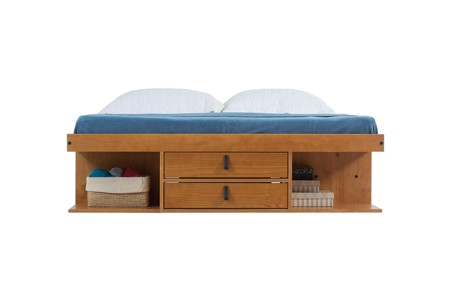 memomad Bali Full Size Storage Platform Bed with 6 Drawers, 6 Shelves, 2 Door Cabinets, 2 Pullout Nightstands, Solid Pine Wood Bed Frame with Underbed Storage, No Box Spring Needed, Oak Brown