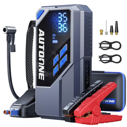 AUTOONE 10000A Jump Starter with Air Compressor, 24000mAh Jump Box with Tire Inflator (All Gas & Diesel) Portable Car Battery Booster Jumper Starter Pack, Jumper Cables, Type C, 60W Charging, Light