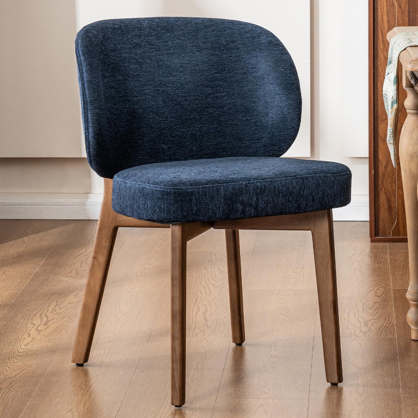 YOUNUOKE Upholstered Dining Chair, Modern Chenille Fabric Dining Room Chair with Wood Legs, Widen Backrest Comfy Side Kitchen Chairs, Blue (Single Pack)
