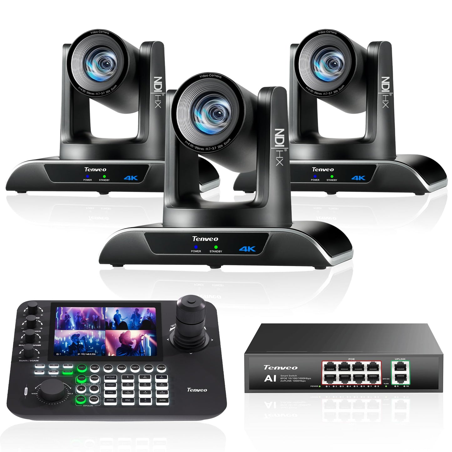 Tenveo 4K 20X NDI PTZ Camera with AI Humanoid & Face Auto-Tracking HDMI/USB3.0/LAN(PoE) (3pcs) and 7’’ LCD Quad-Screen NDI PTZ Joystick Controller and 8 Port PoE Switch Bundle/Kit for Live Production