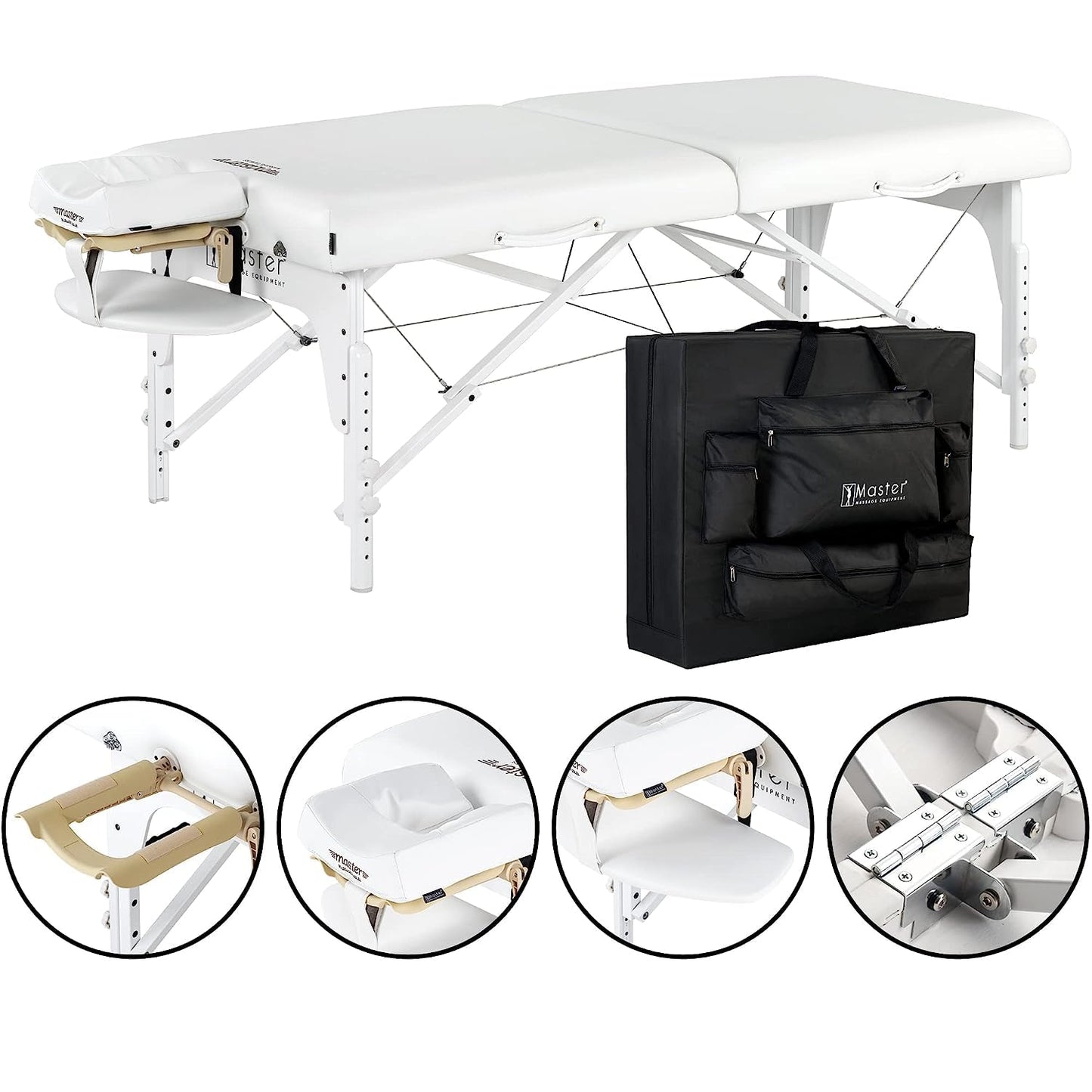 Master Massage 31" Extra Wide Montclair Pro Memory Foam Portable Massage Table Package in Snow White with Reiki and Ambient Lighting System