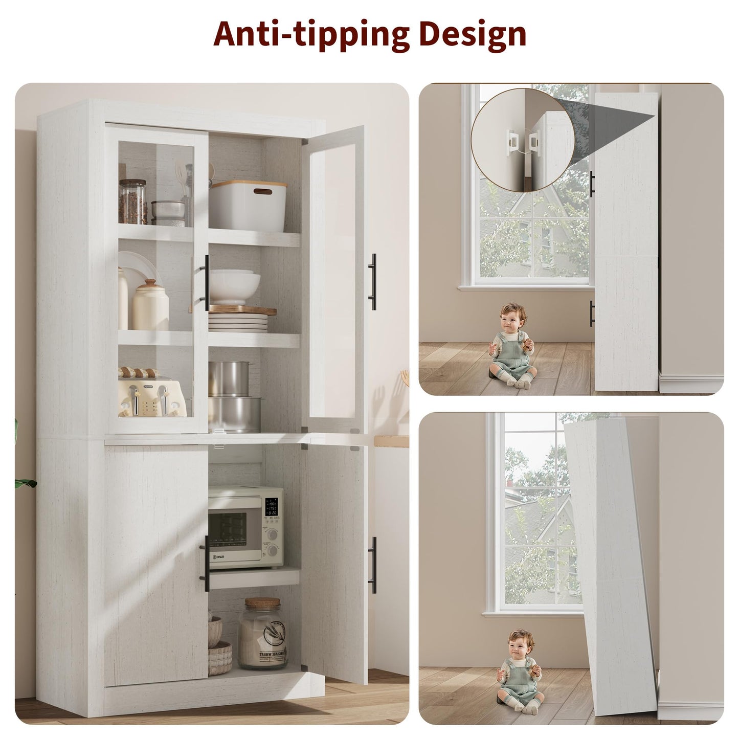 Garvee Tall Kitchen Pantry Cabinet, Farmhouse Wood Storage Cabinet with 4 Doors and Adjustable Shelves, Sturdy Frame, 70.45" Large Office Bookcase Cabinets for Kitchen, Dining, Office, Rustic White
