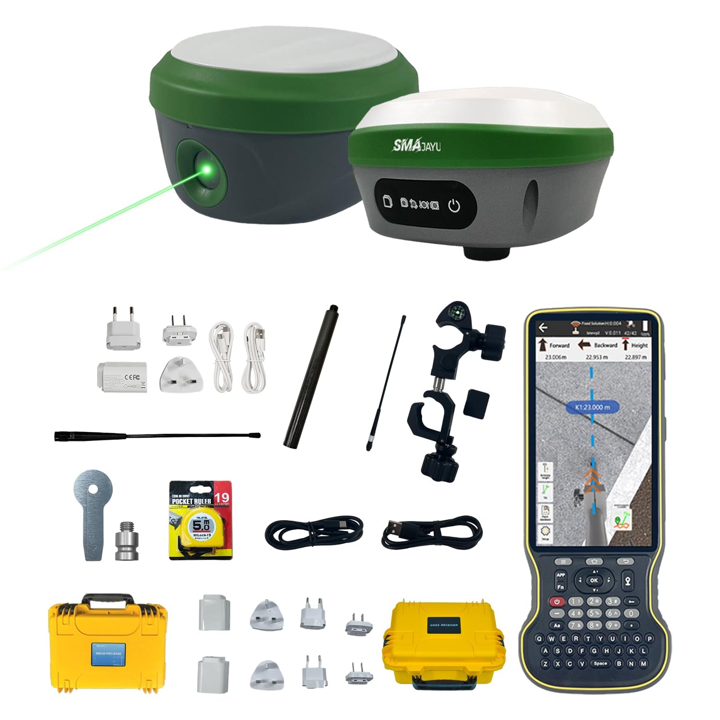 SMAJAYU SMA28H Laser AR Rover RTK & SMA26 Pro Base GNSS Survey System Work as Base Station for Drones/UAVs Dual Cameras AR Visual Stakeout|Laser 30m|2cm Accuracy|120° IMU|15km UHF|4G/BT/NFC/PPK/NTRIP