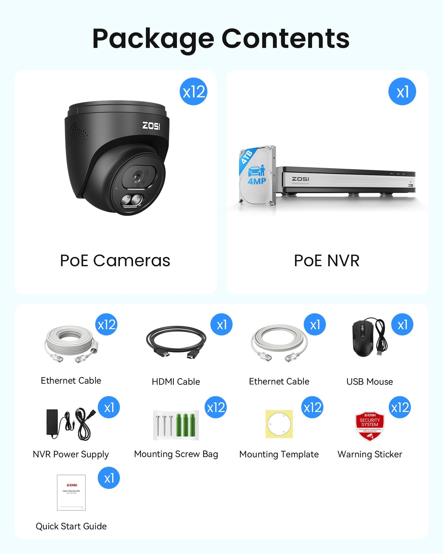 ZOSI C220 16CH 4K PoE Home Security Camera System, 16 Channel 4K 8MP NVR with 4TB HDD for 24/7 Record, 12 x 4MP(1440p) QHD 2.5K Dome IP Cameras Outdoor Indoor, Smart AI Human Detection, Two-Way Audio