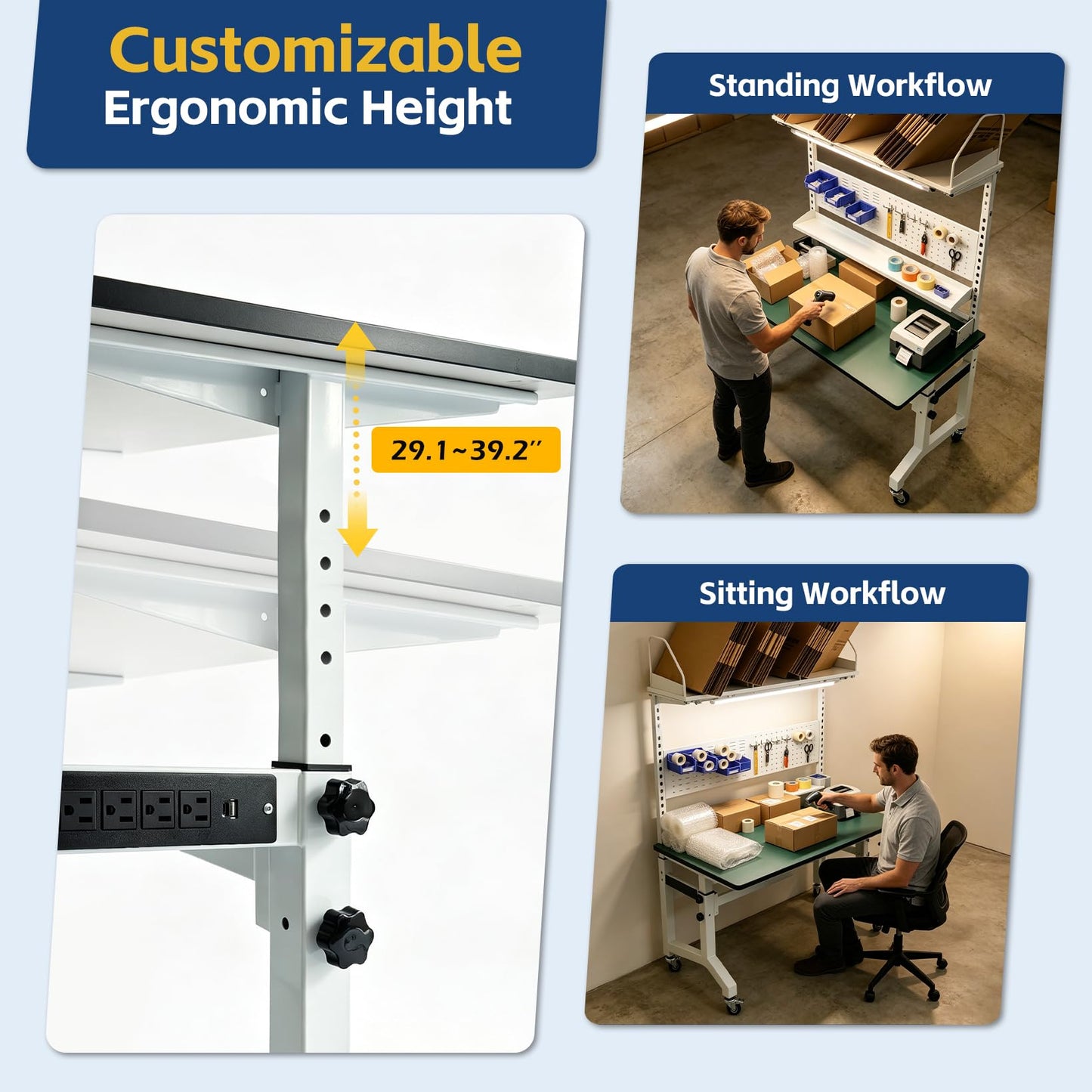 NEESEEYEE E-Commerce Packing Table, Mobile Iron-Wood Shipping Station with Built-in Power & LED, Ergonomic Standing Workbench with ESD Surface, Tape Dispenser & Storage Shelves, 1400 LBS