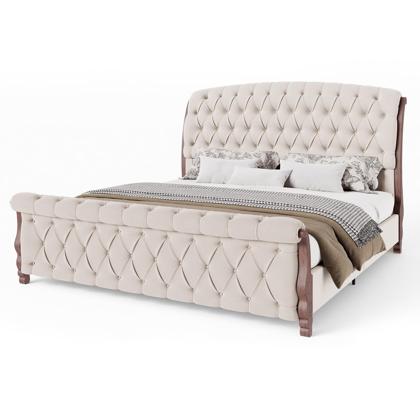 AMERLIFE Upholstered King Bed Frame, 53" Tall Sleigh Bed with Button Tufted Chenille Headboard and Footboard, Platform Bed with Carved Solid Wood Legs, No Box Spring Needed, Cream