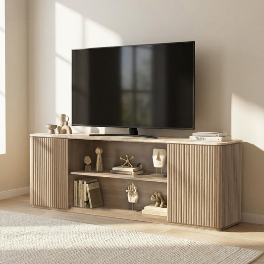 70" TV Stand, Modern Entertainment Center for TVs Up to 80", Fluted TV Console with Storage, Adjustable Shelves, Faux Marble Top, Curved Profile Design, Wood Media Console for Living Room, Natural Oak