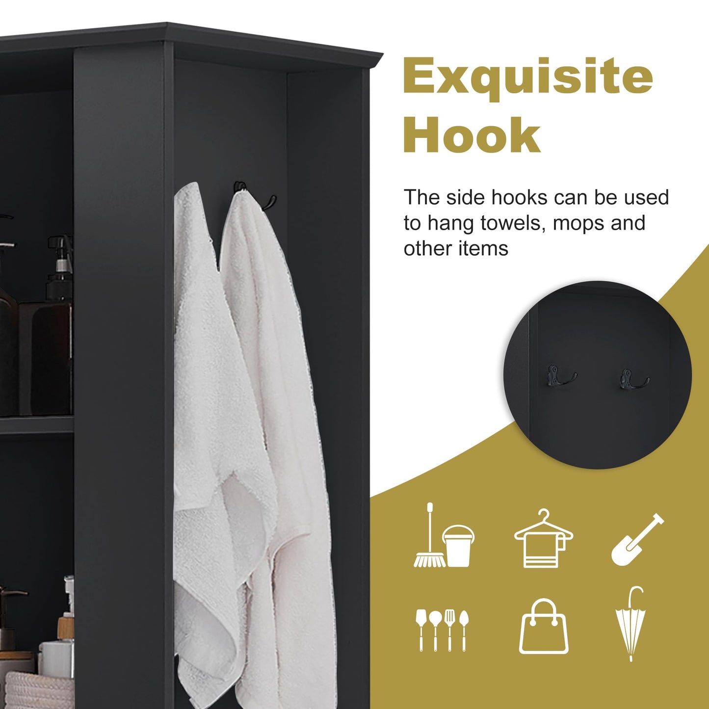 Tall Cabinet Linen Tower with Door and Drawer, Multi-Functional Bathroom Storage Organizer with Laundry Hamper, Left or Right Orientation, Soft-Closing Door, Black