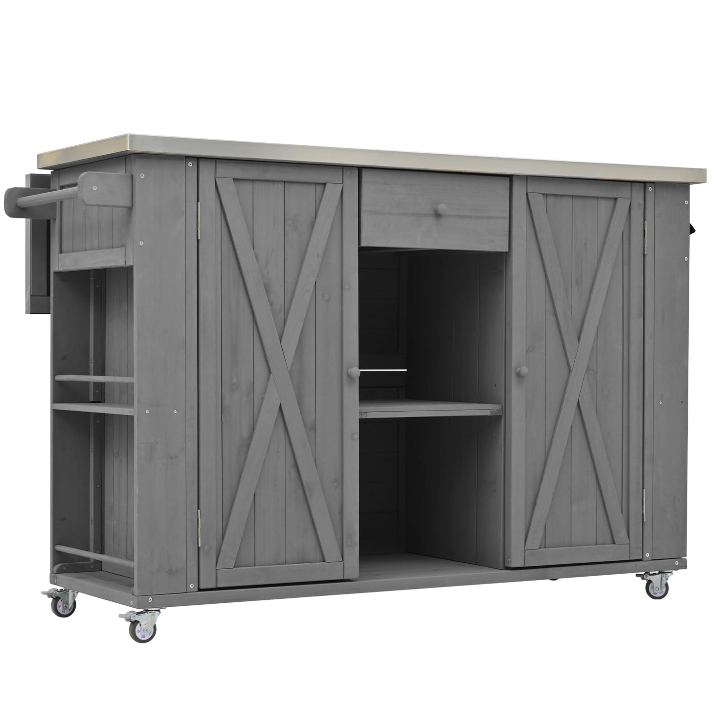 52.25" W Outdoor Grill Cart with Stainless Steel Tabletop, Patio Kitchen Island Storage Cabinet for BBQ, Bar