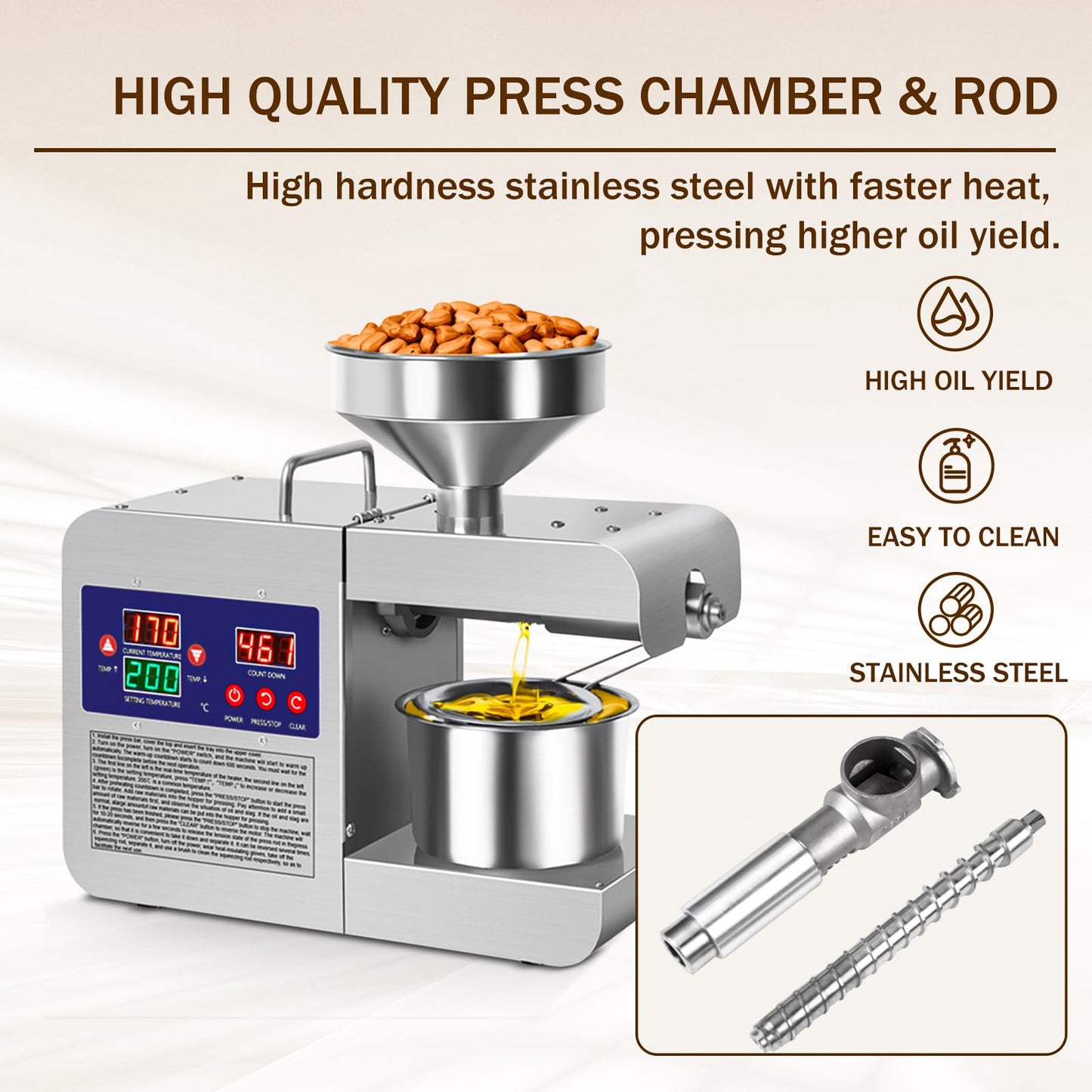Rkazes Oil Press Machine, 820W Home Commercial Automatic Oil Press Extractor, Steel Stainless Electric Cold & Hot Press Oil Expeller for Peanut Sesame Soybean Sunflower Seeds Walnuts