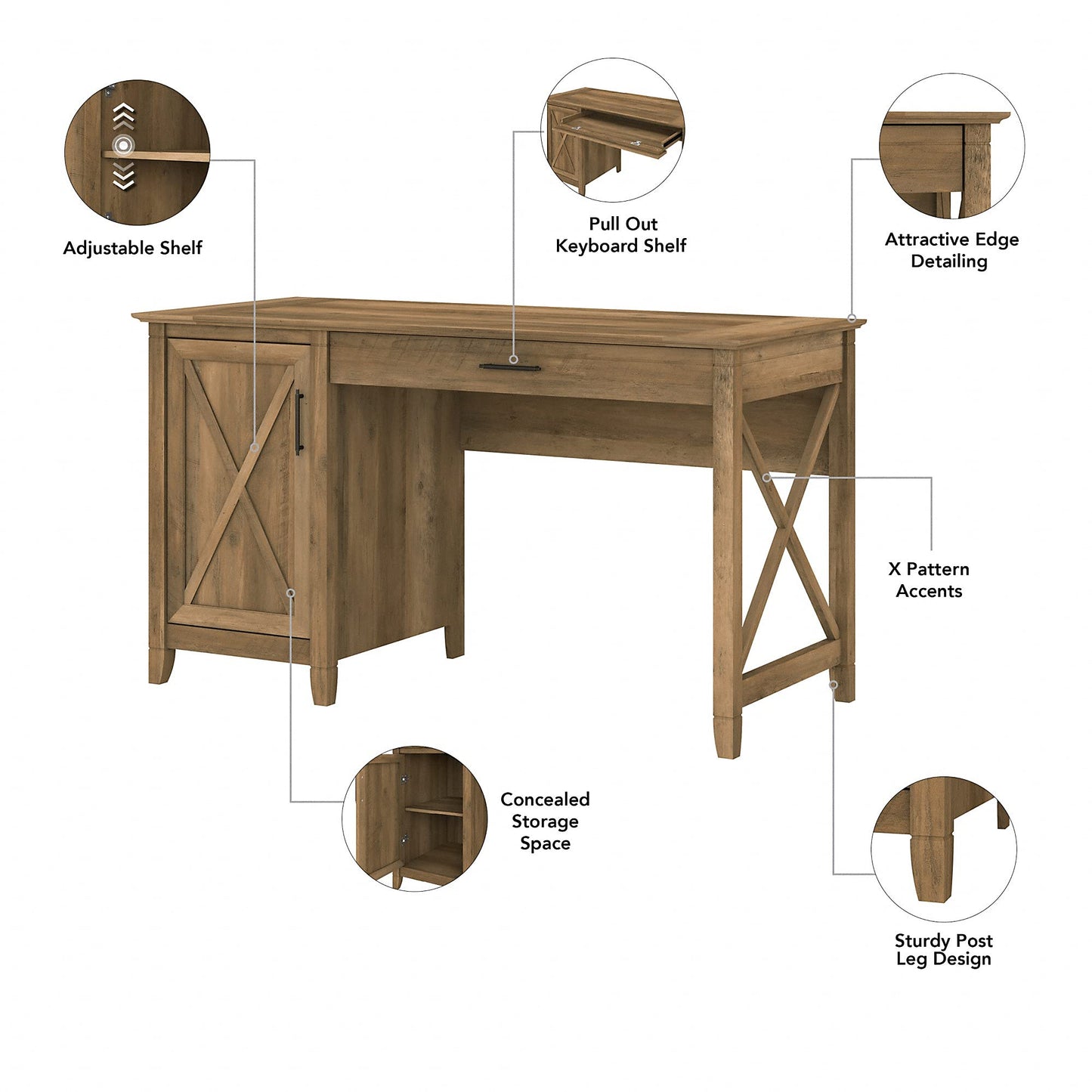 Bush Furniture Key West 54W Computer Desk with 2 Drawer Lateral File Cabinet and 5 Shelf Bookcase in Reclaimed Pine