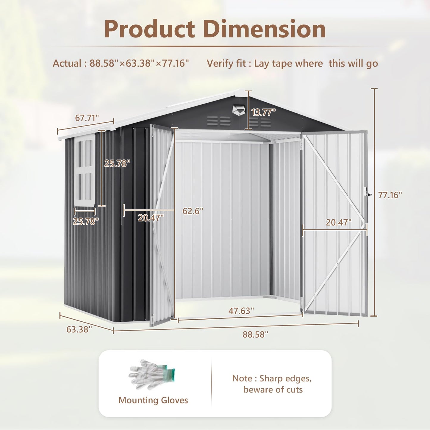 Benass 8x6 FT Outdoor Storage Shed, Metal Garden Shed - Tool Storage Sheds with Lockable Doors & 1 Clear Window, Waterproof Outside Storage Building for Backyard, Patio (Black; Floor Not Included)