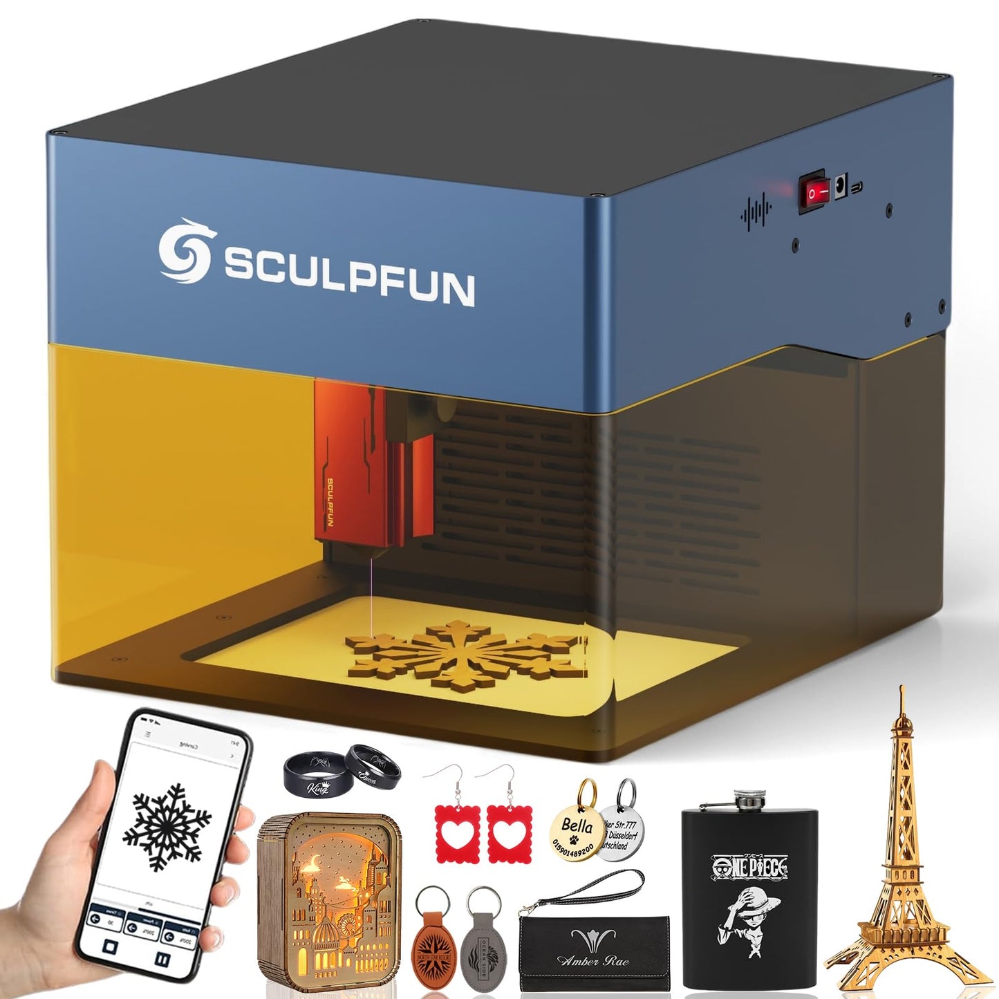 SCULPFUN iCube Pro Laser Engraver, 5000mW Desktop Laser Cutter with Smoke Filtration System, Laser Class 4, 125×125mm Engraving Area, No Assembly Required, 0.01mm Carving Precision