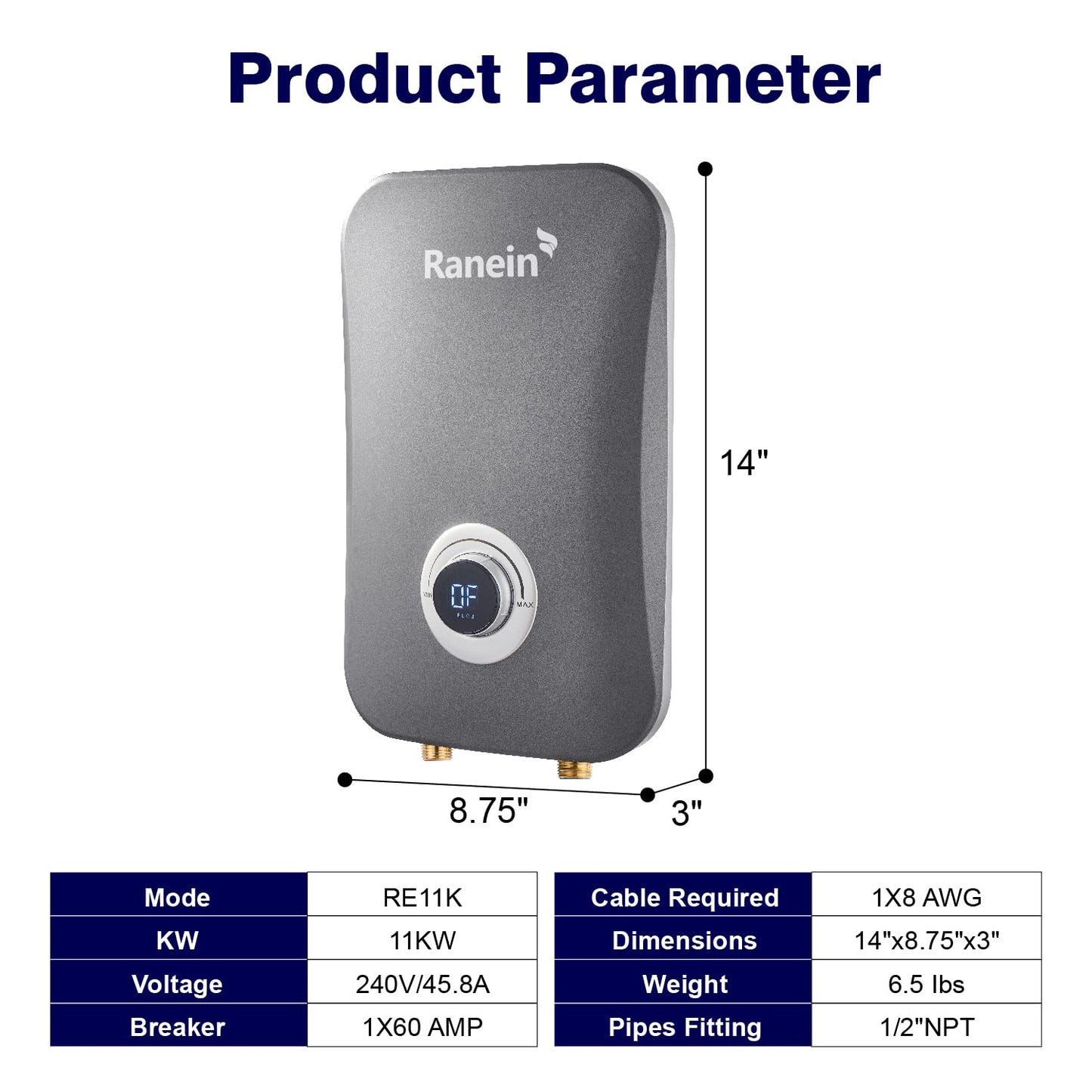 Ranein 11kW Tankless Electric Water Heater, 240V on Demand Instant Endless Water Heater with LED Temperature Display for Bathroom and Kitchen sink