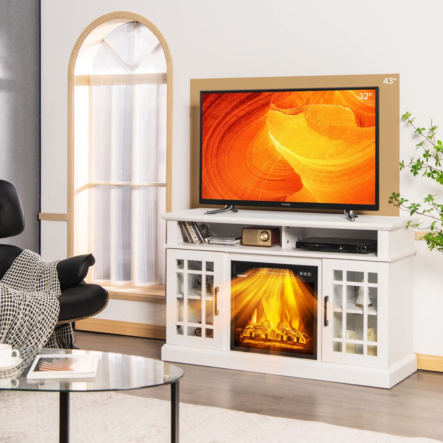 Happygrill Electric Fireplace TV Stand Up to 55 Inches, 48 Inch TV Stand w/Heater, Remote & Storage, Overheat Protection, Wooden Entertainment Center w/Adjustable Shelves for Living Room, White