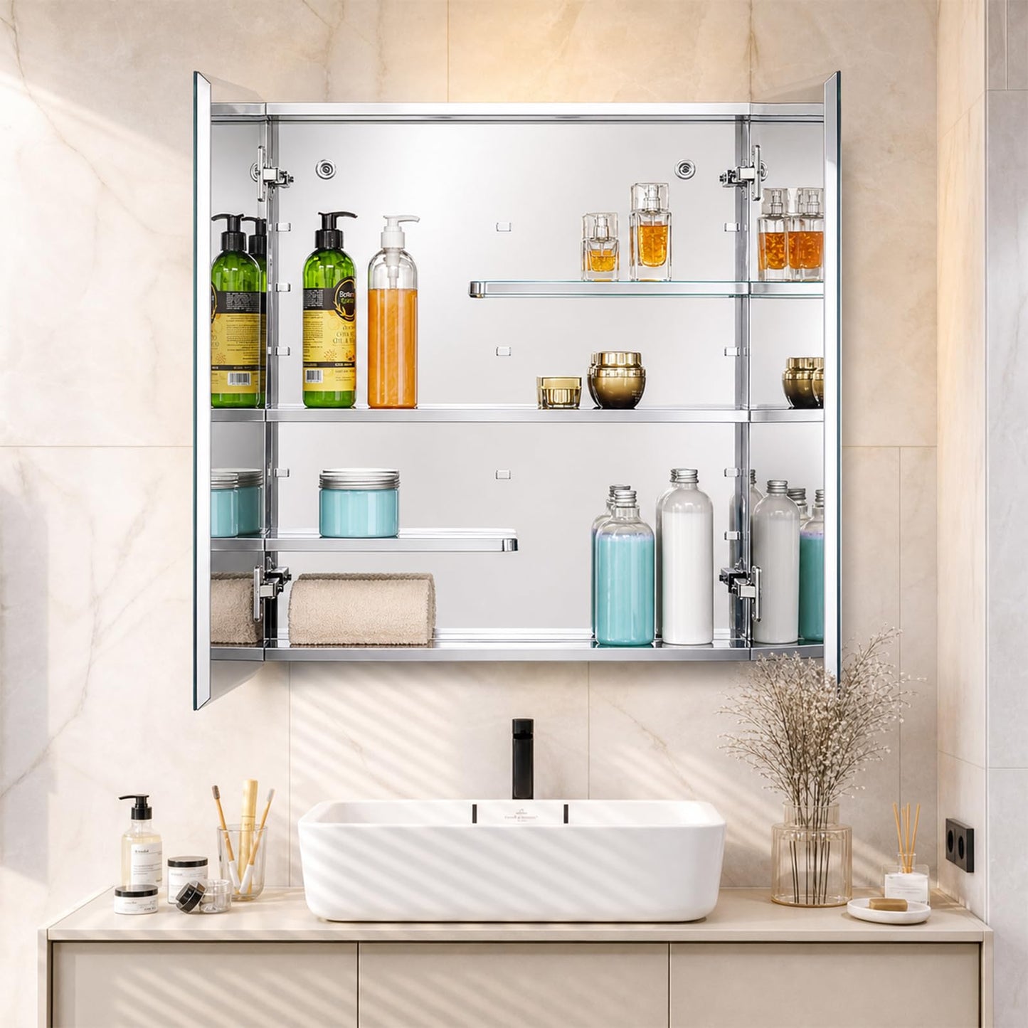 Fundin Stainless Steel Medicine Cabinet, Bathroom Mirror Cabinet, Surface Mount and Recess Mount, 23.6 x 25.6 inch, with Unique Half-Shelves for Greater Storage adjustability