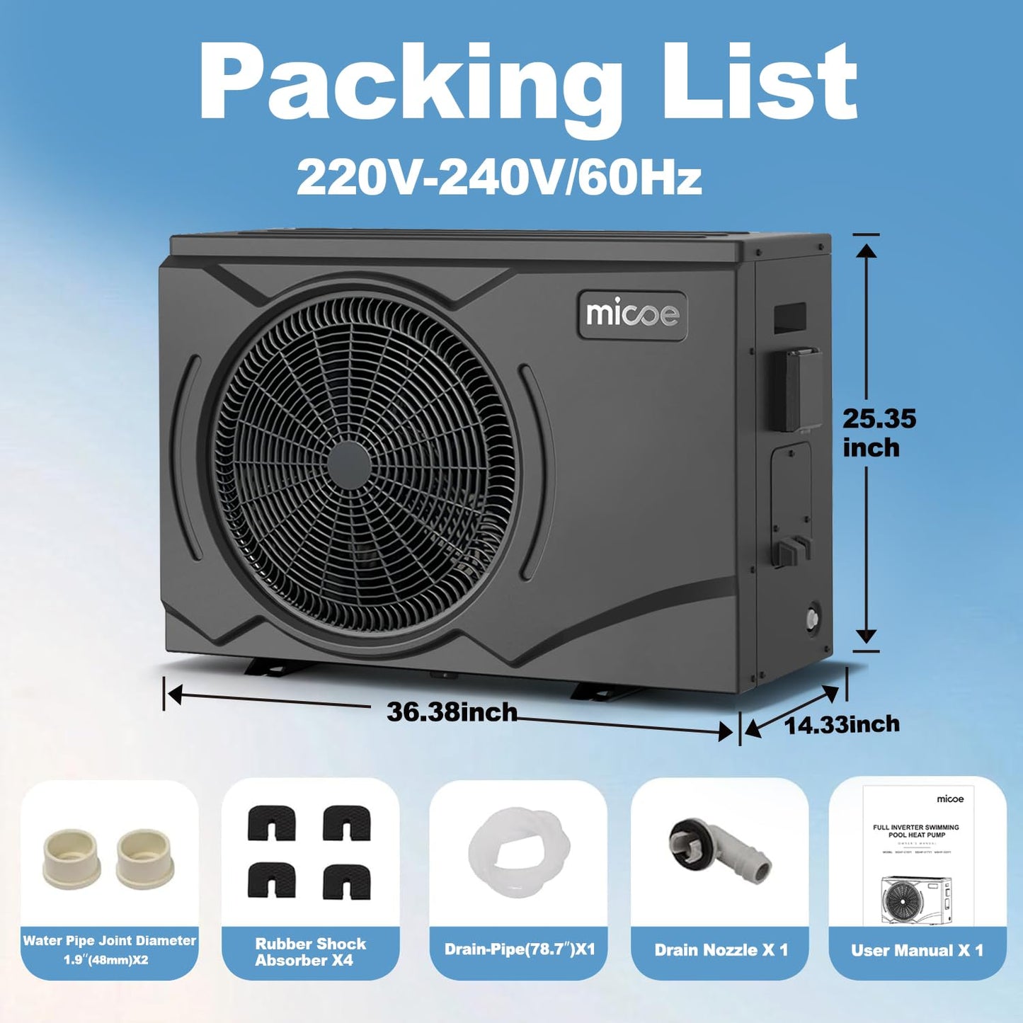 MICOE 35,000 BTU Inverter Pool Heat Pump for Above Ground & Inground Pools up to 24ft (12,000 Gal), Electric Heater with Heating and Cooling Mode, Titanium Heat Exchanger, App Control, 220V