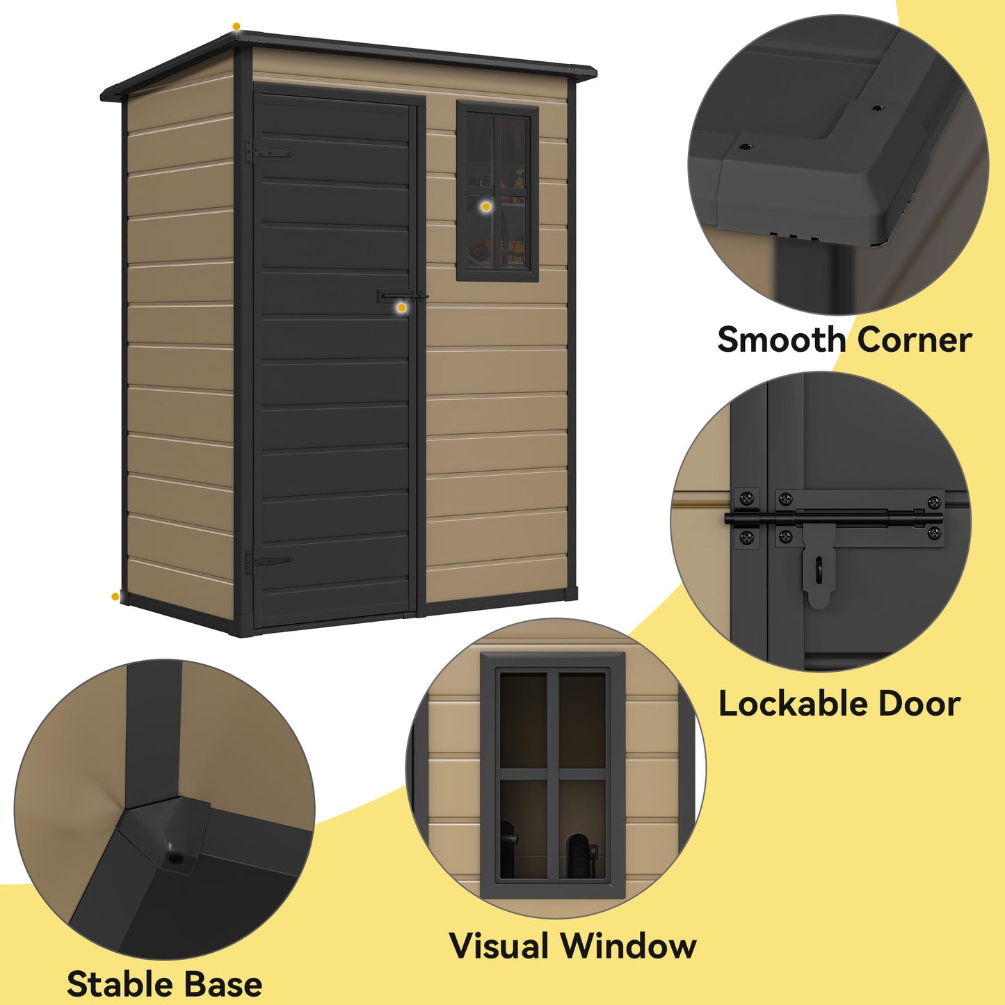 DWVO 5x3ft Resin Outdoor Storage Shed with Floor, Waterproof Lockable Storage Shed with Window, Plastic Outside Tool Storage for Garden, Backyard, Patio, Lawn, Brown