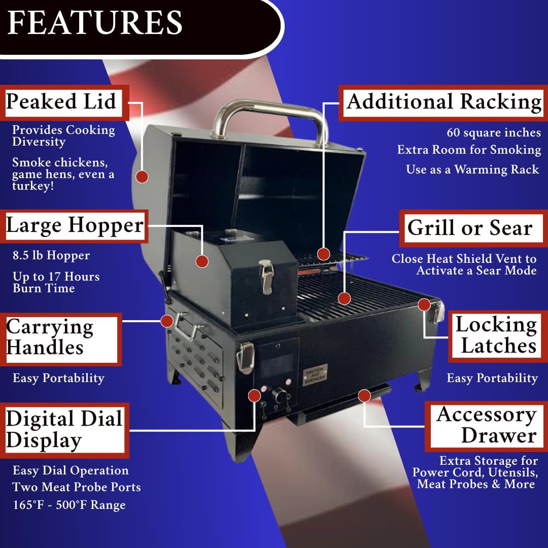 Freedom Portable Pellet Grill & Smoker: Digital Display, Dual Meat Probes, 242 sq in Cooking Area, AC/DC Powered, Black