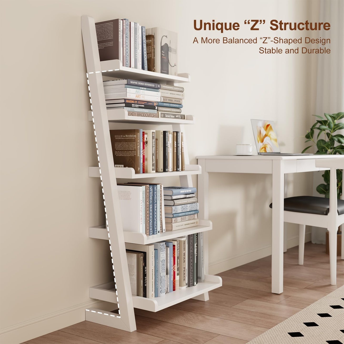 AQIMUELE White Wooden Ladder Shelf with Edges, 5-Tier Modern Leaning Bookshelf Ladder – Stylish Space-Saving Bookcase for Living Room, Bedroom & Home Office