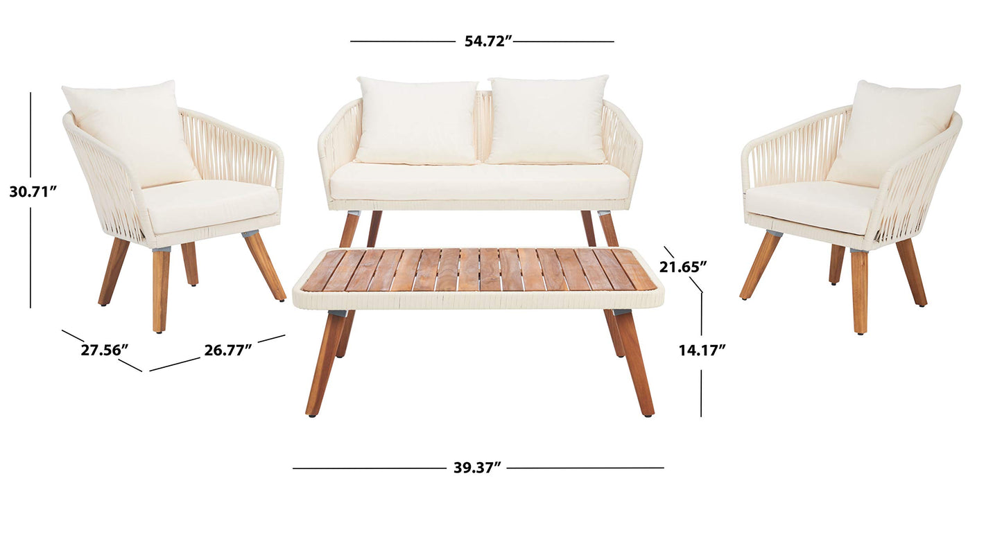SAFAVIEH Outdoor Collection Ransin Beige/Beige/Natural Solid Wood 4-Piece Conversation Patio Set