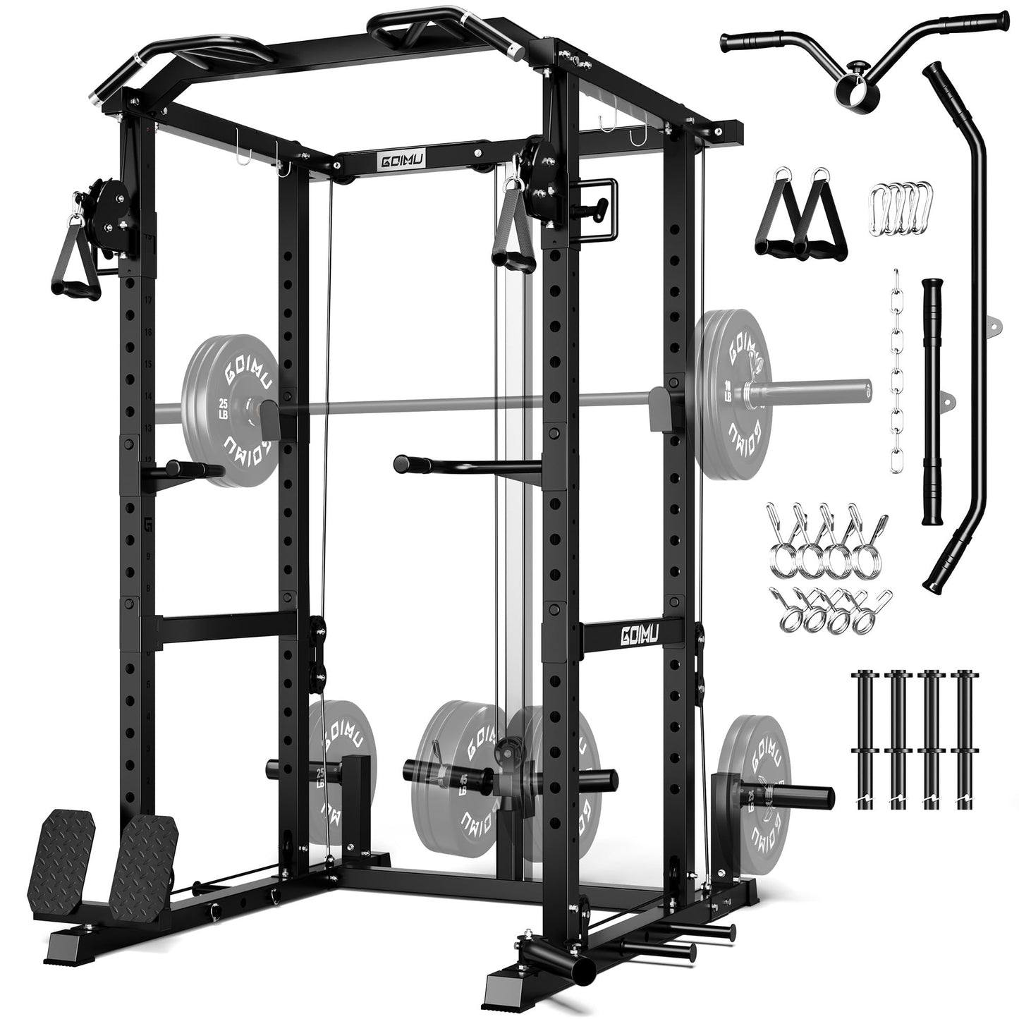 GOIMU RH01 Power Cage Rack, 2000LBS Squat Rack with with Cable Crossover System&LAT Pull Down System, Multi-Function Workout Cage for Home&Garage Gym (Black-SE, RH01 Power Cage)