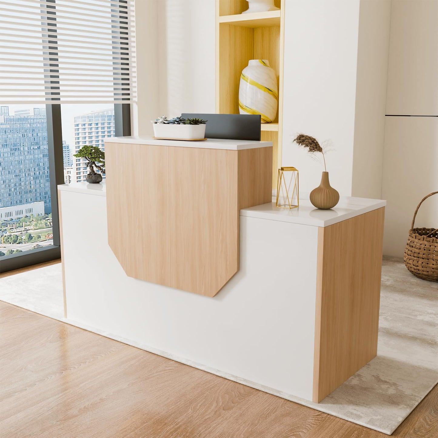 Reception Desk with Counter, Modern Office Front Desk with Open Storage Shelves, 63" Retail Counter Table with Cable Grommet for Checkout, Hotel Lobby, Beauty Salon, Home Offices, Retail Store