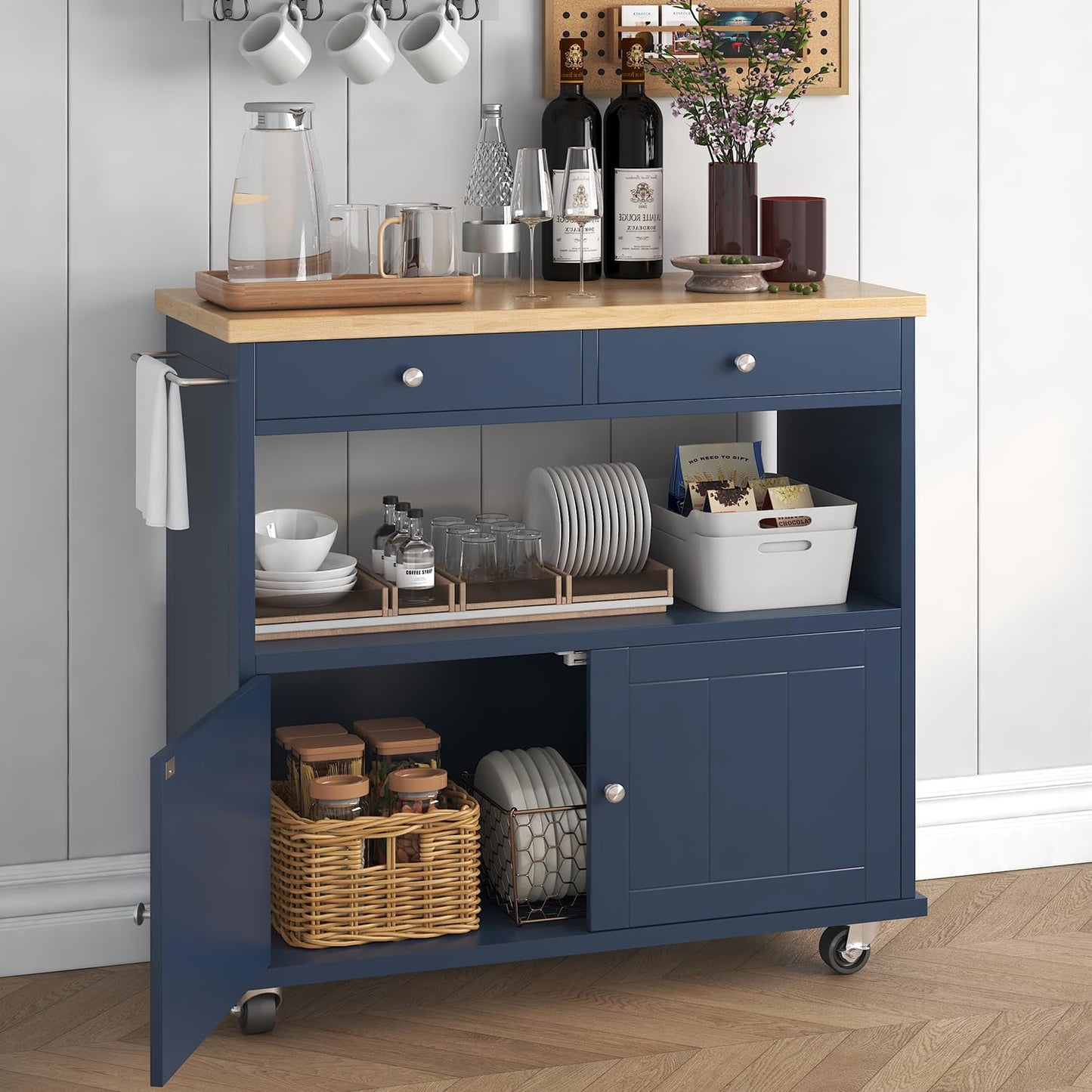 knoworld Rolling Kitchen Island with Storage Cabinet, 35.4'' Width Kitchen Cart, 2 Drawers Island Table, Portable Mobile Kitchen Island with Towel Rack, Wood Top and Lockable Wheels, Blue