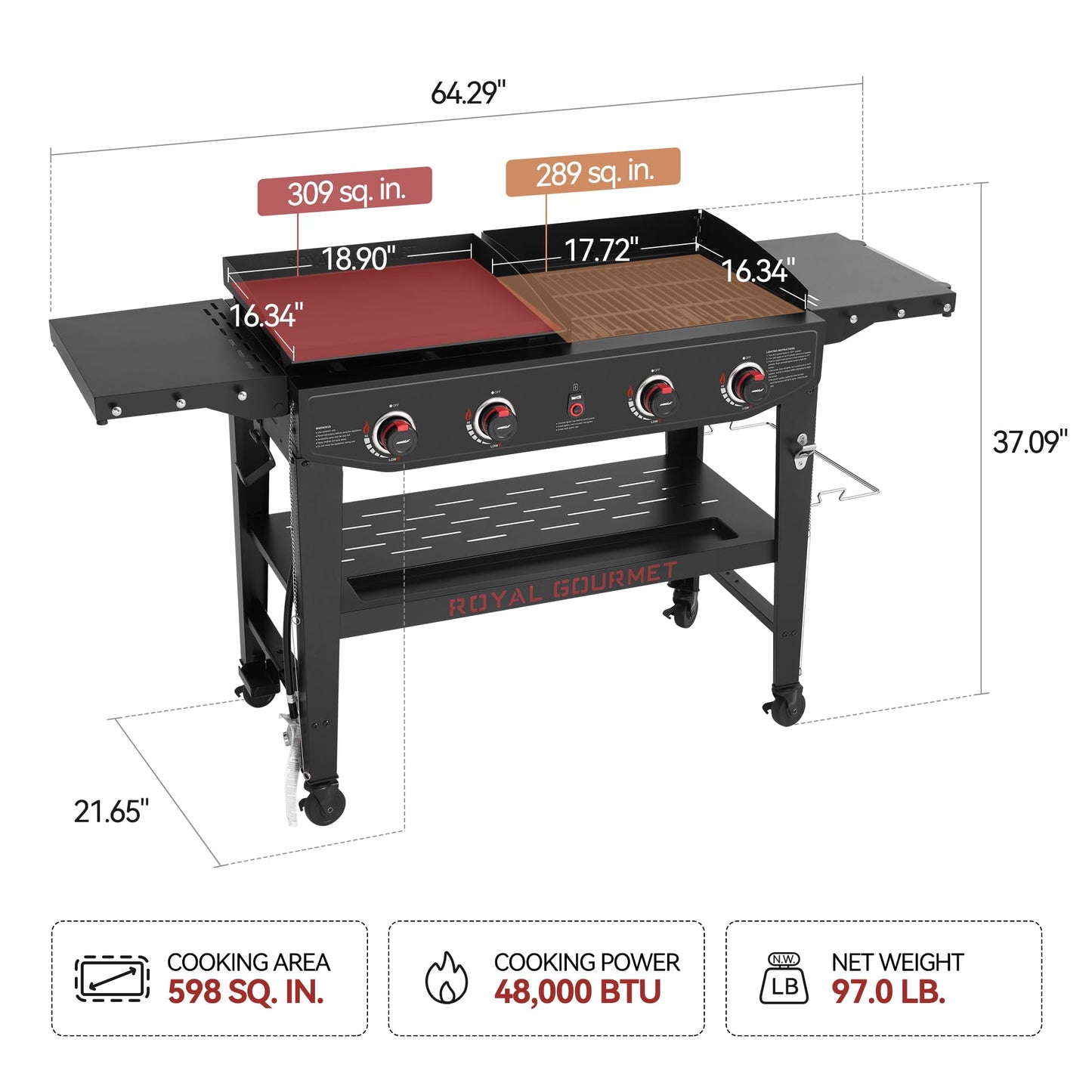 Royal Gourmet GD405A 4 Burner Propane Gas Grill and Griddle Combo with Grilling Gear Set, Griddle Grill Combo with Foldable Side Tables for Outdoor Cooking While Camping or Tailgating, Black