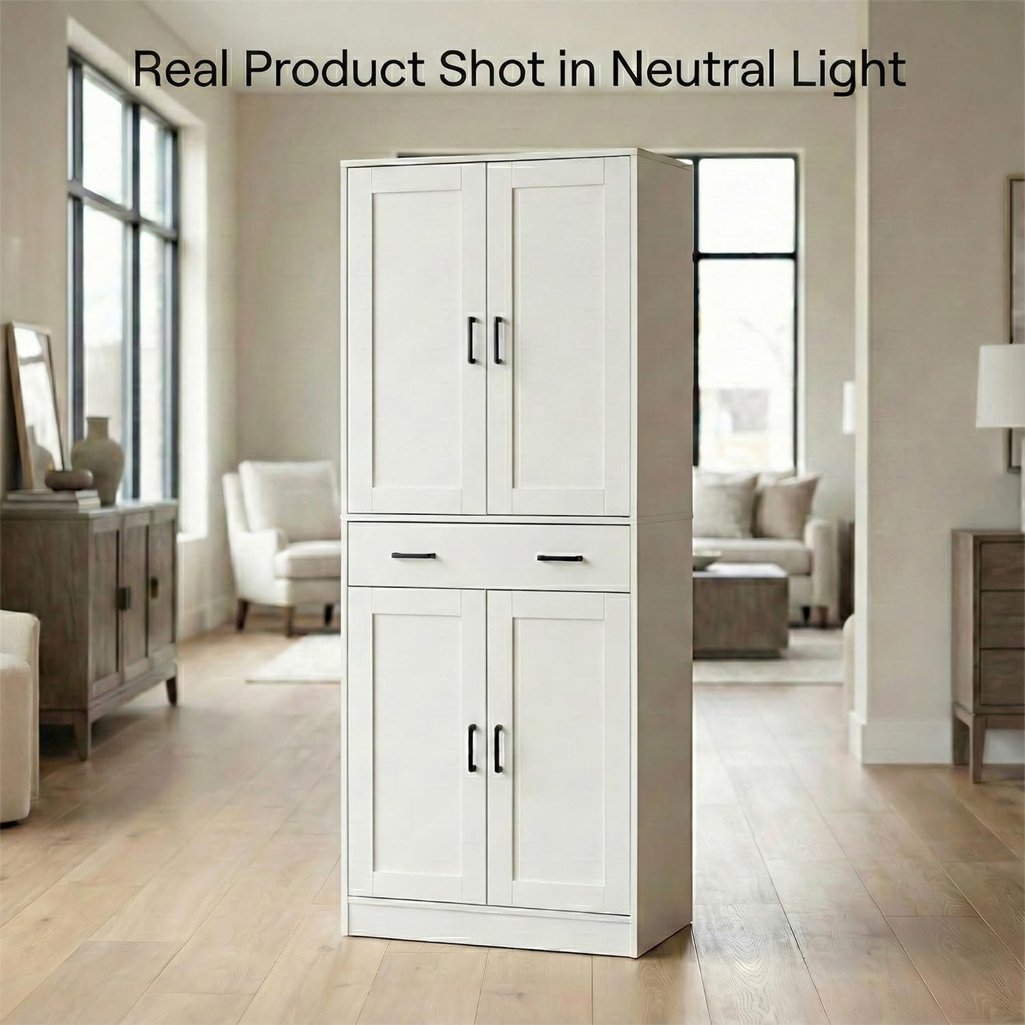 DIYART 71" Tall Kitchen Pantry Cabinet, Freestanding Food Storage Cupboard with Drawer and 4 Doors, Large White Utility Floor Cabinet with Adjustable Shelves for Dining Room, Home Office