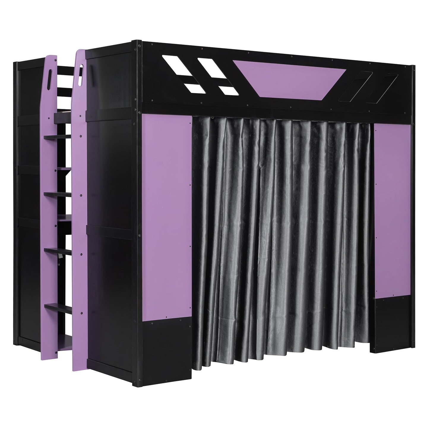 Merax Full Size Loft Bed with Desk and Storage Shelves, Gaming Loft Bed Frame with USB Charging Station and Curtains, Space Saving Loft Bed for Teens Bedroom, Purple + Black