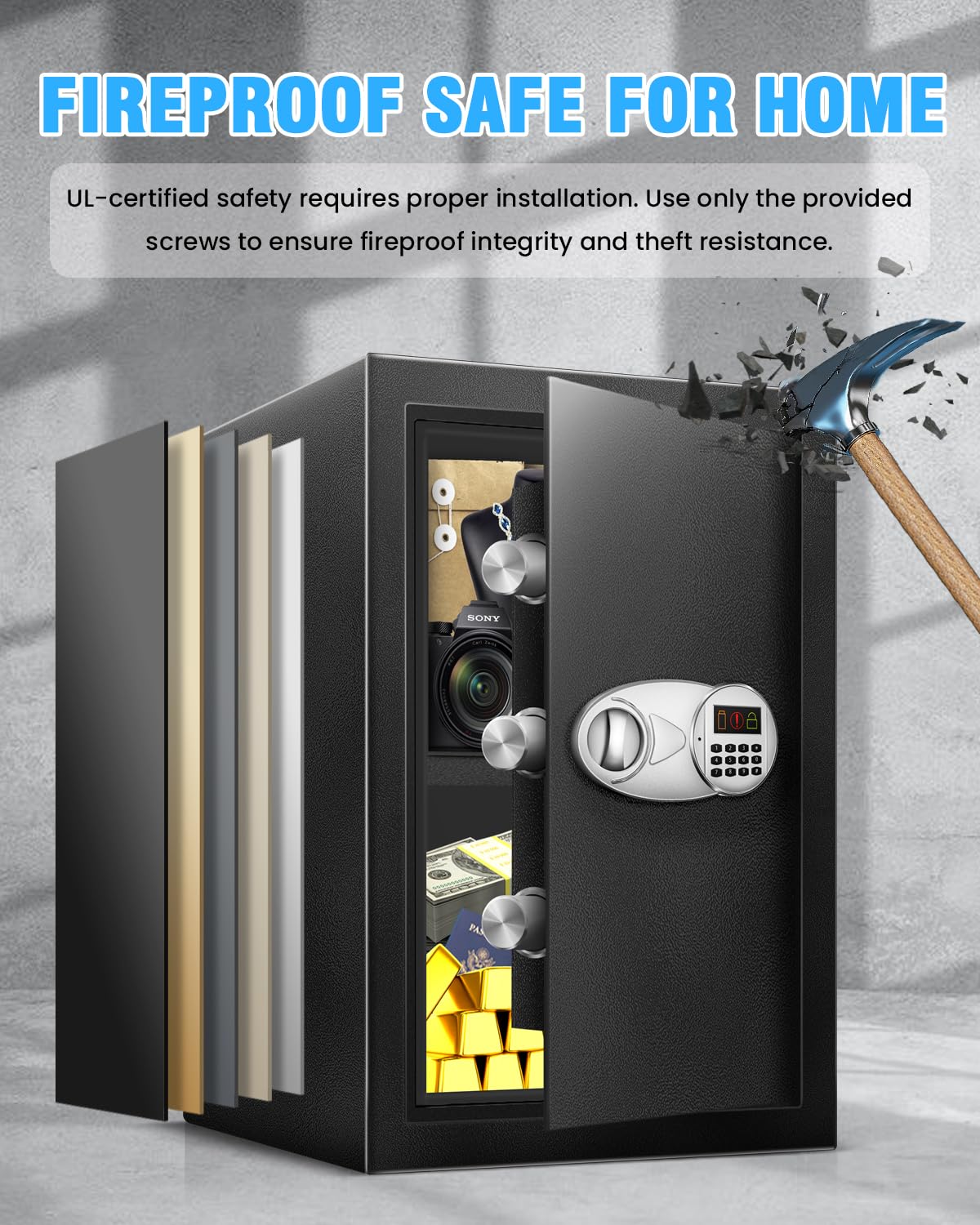 TOTOY 3.5 Cu Ft Large Safe Box For Home Documents with Emergency Battery Box - Steel Fireproof Security Safe Lock Box with Electronic Keypad, LED Sensor Light- Safety Box For Cash, Jewelry