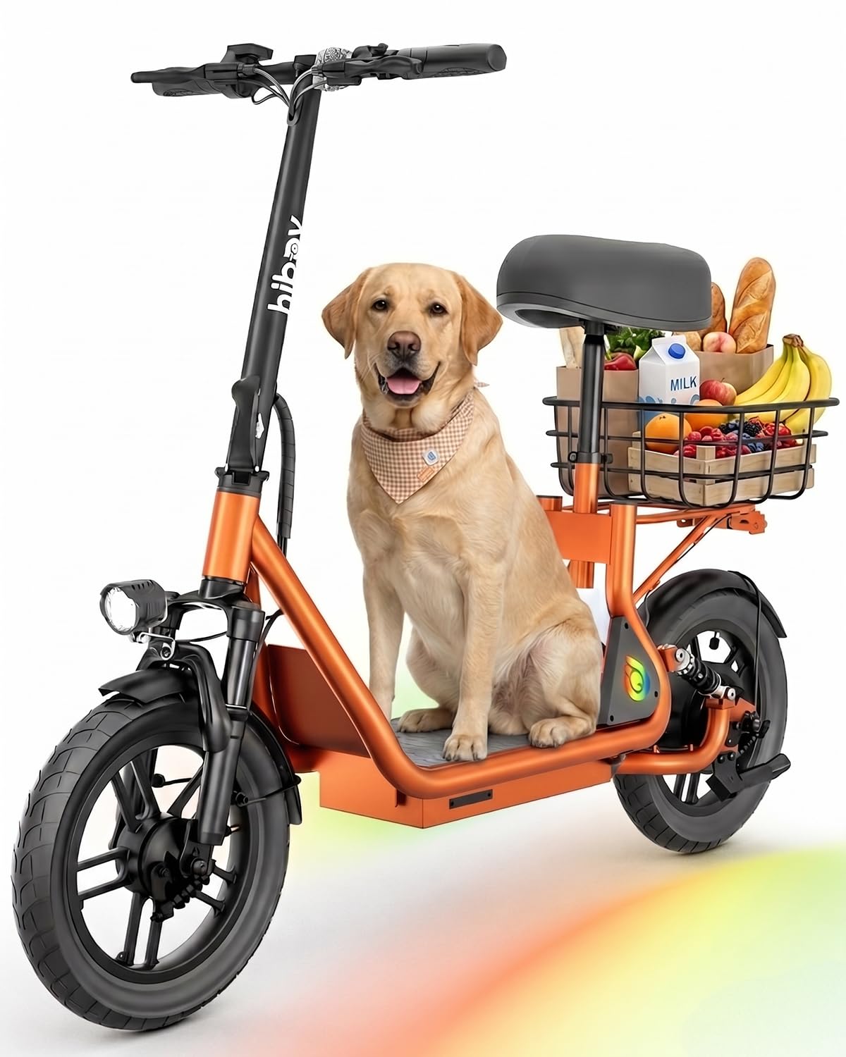 Hiboy Q2 Adult Electric Scooter with Seat & Phone Holder – 500W Motor, 22mi Range, 14" Wheels, Dual Suspension, Neon Lights, Foldable for Commute, Flame Orange