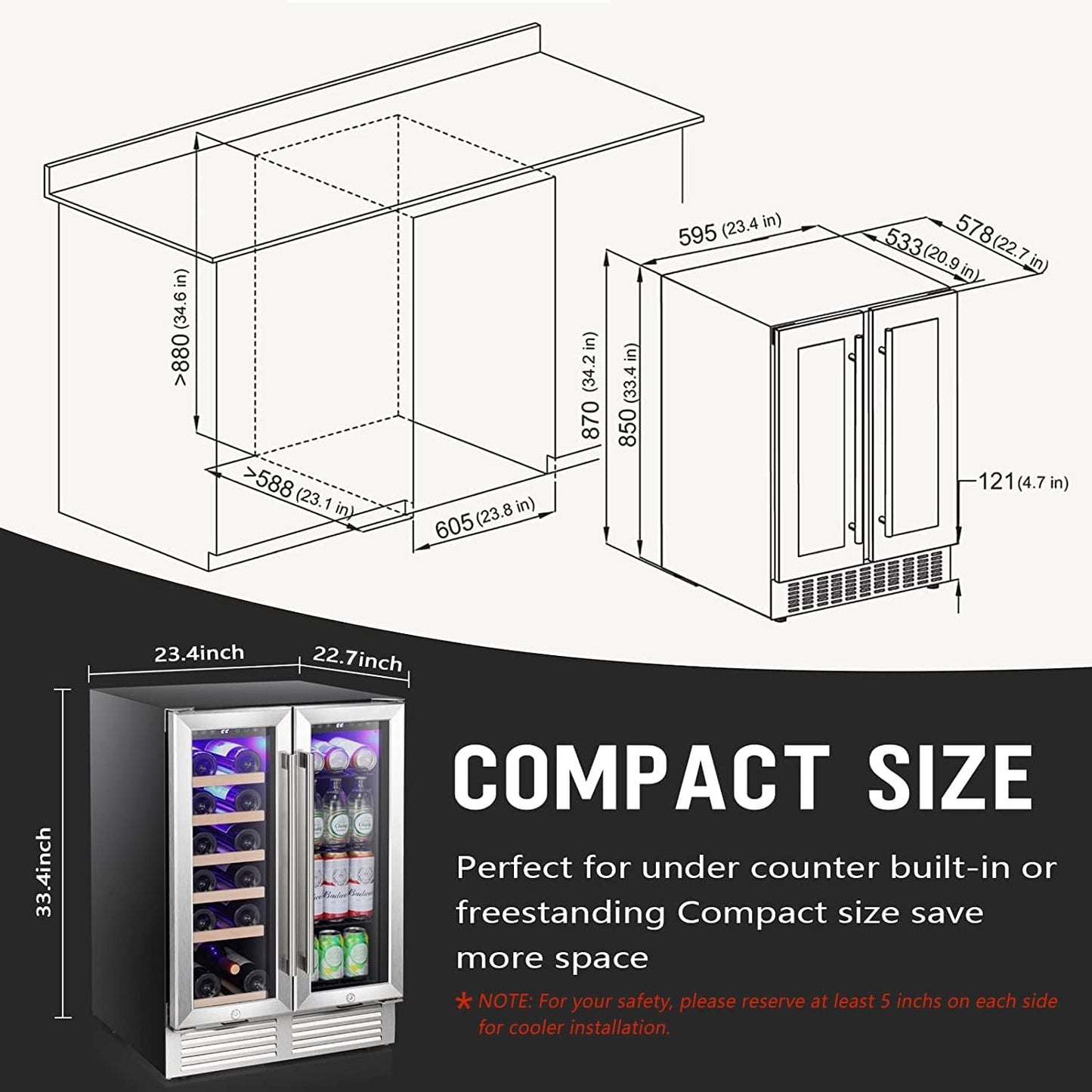 Antarctic Star 24 Inch Dual Zone Wine and Beverage Refrigerator, Built-in or Freestanding Mini Fridge with Clear Glass Door & LED Light, for Beer, Soda, and Wine