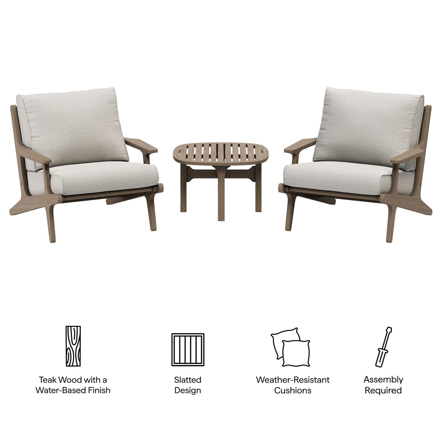 Modway Saratoga 3-Piece Teak Wood Outdoor Furniture Set in Weathered Gray Pebble - 2 Patio Lounge Chairs with Side Table