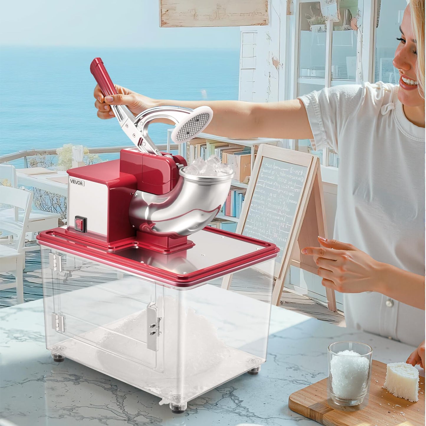 VEVOR Commercial Ice Crusher 661LBS/H, 350W Electric Snow Cone Machine with 4 Blades, 2000RPM Stainless Steel Shaved Ice Machine with 11 Gal Crushed-Ice Box, for Family Restaurants Bars, Red