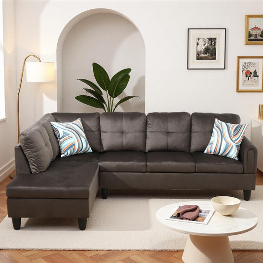 Trygoal Modern L-Shaped Sectional Sofa with Chaise Lounge, 4-Seater Flannel Couch with High-Density Foam Cushions, for Living Room, Apartment, Studio, Easy Assembly, Dark Brown