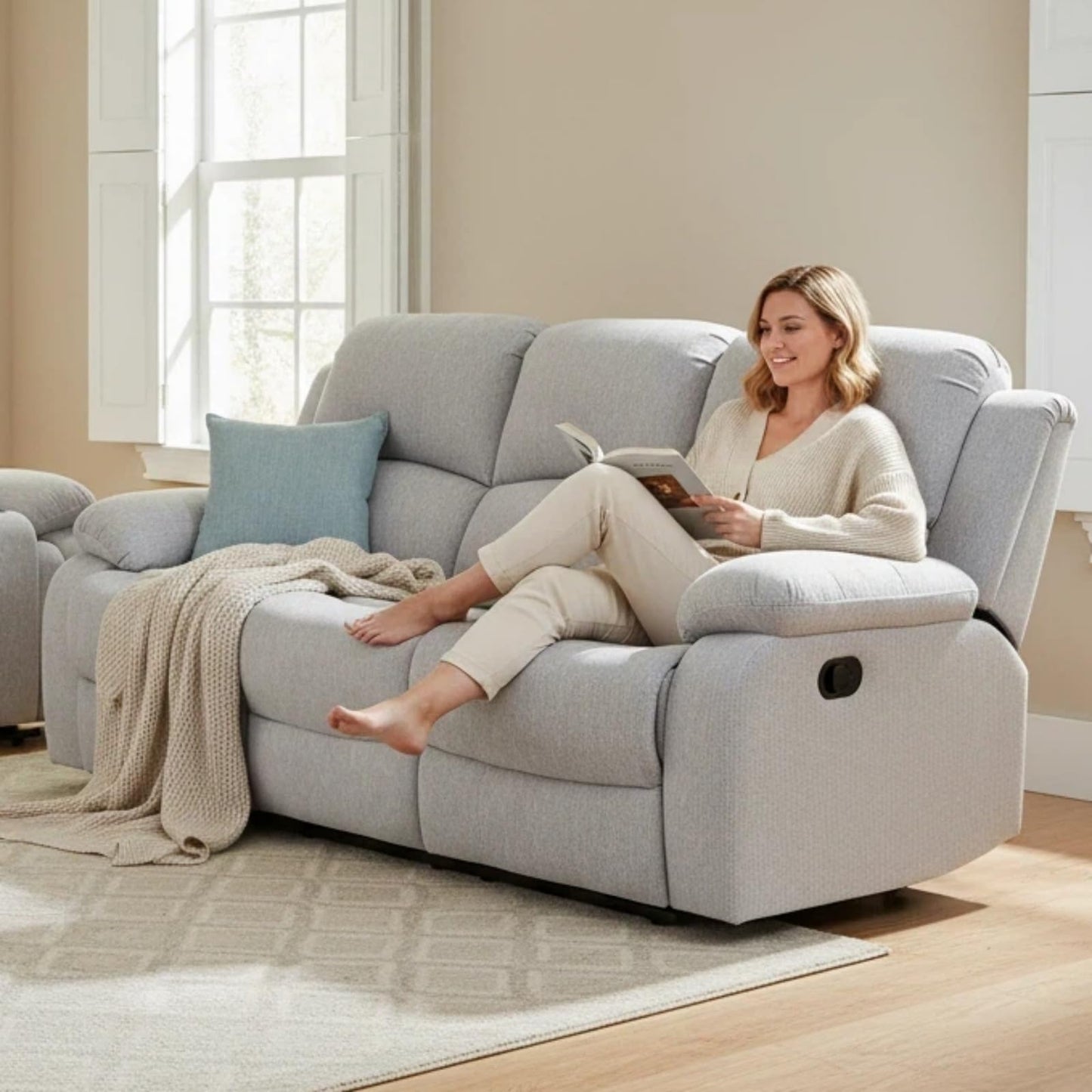 Trygoal Manual Recliner Sofa Set, Linen Reclining Living Room Furniture Set, Adjustable Backrest Reclining Loveseat Sofa and a 3 Seater Couch Furniture Set for Living Room, Home Theater, White Grey