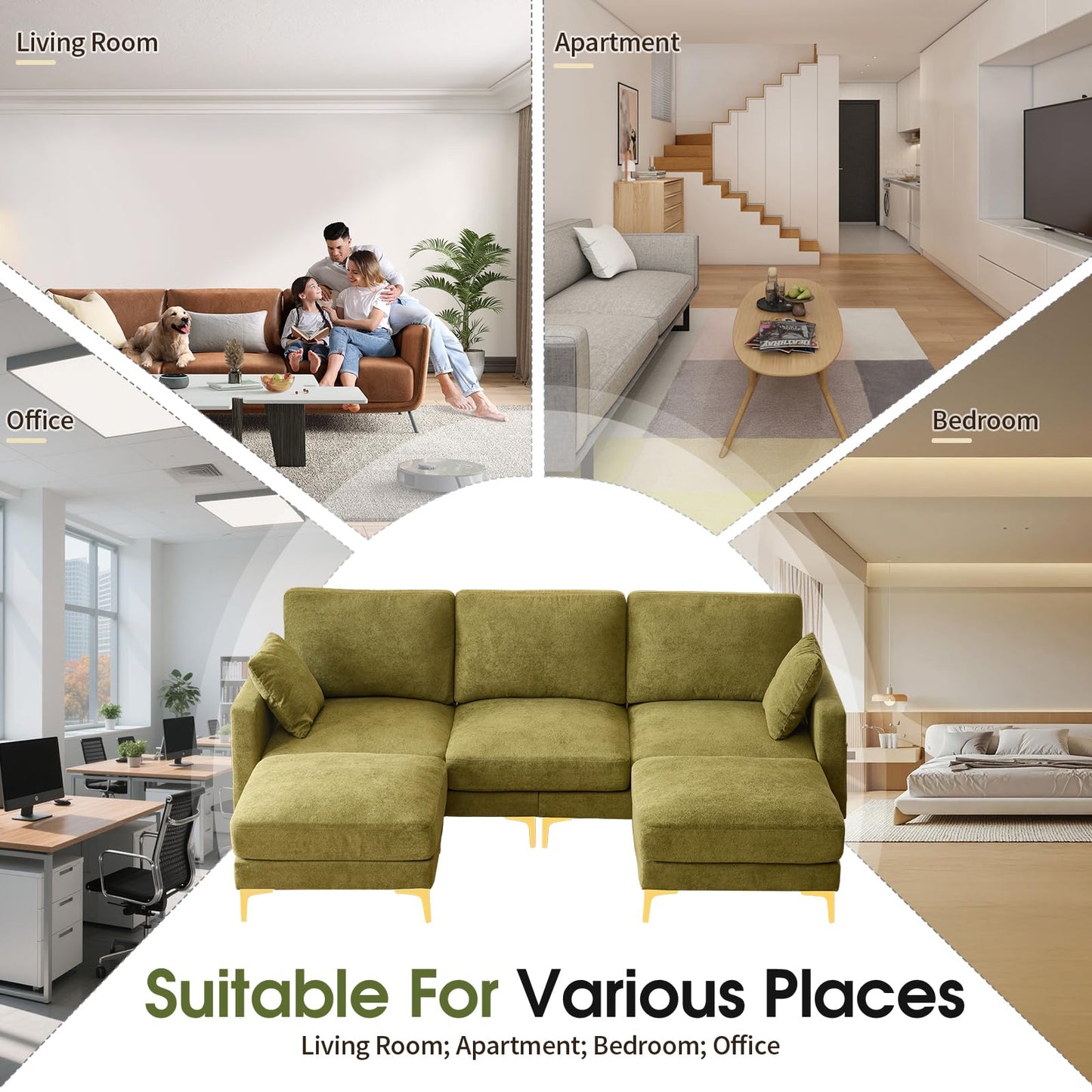 VINGLI 100" W U Shaped Couch with Ottoman, 22" Deep Seat Comfortable Sectional Couches for Living Room, 3 Seater Chenille Fabric Cloud Sofa for Apartment, Small Spaces, Bedroom, Green